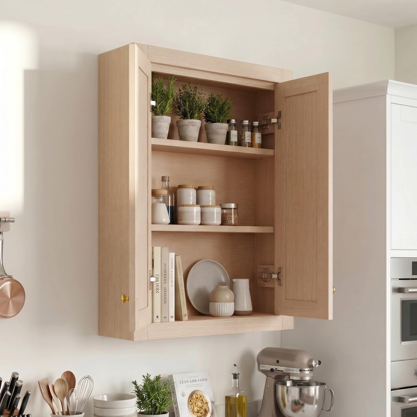 HIGEINE Bathroom Wall Mount Cabinet 24" W x 33" H, Natural Wood