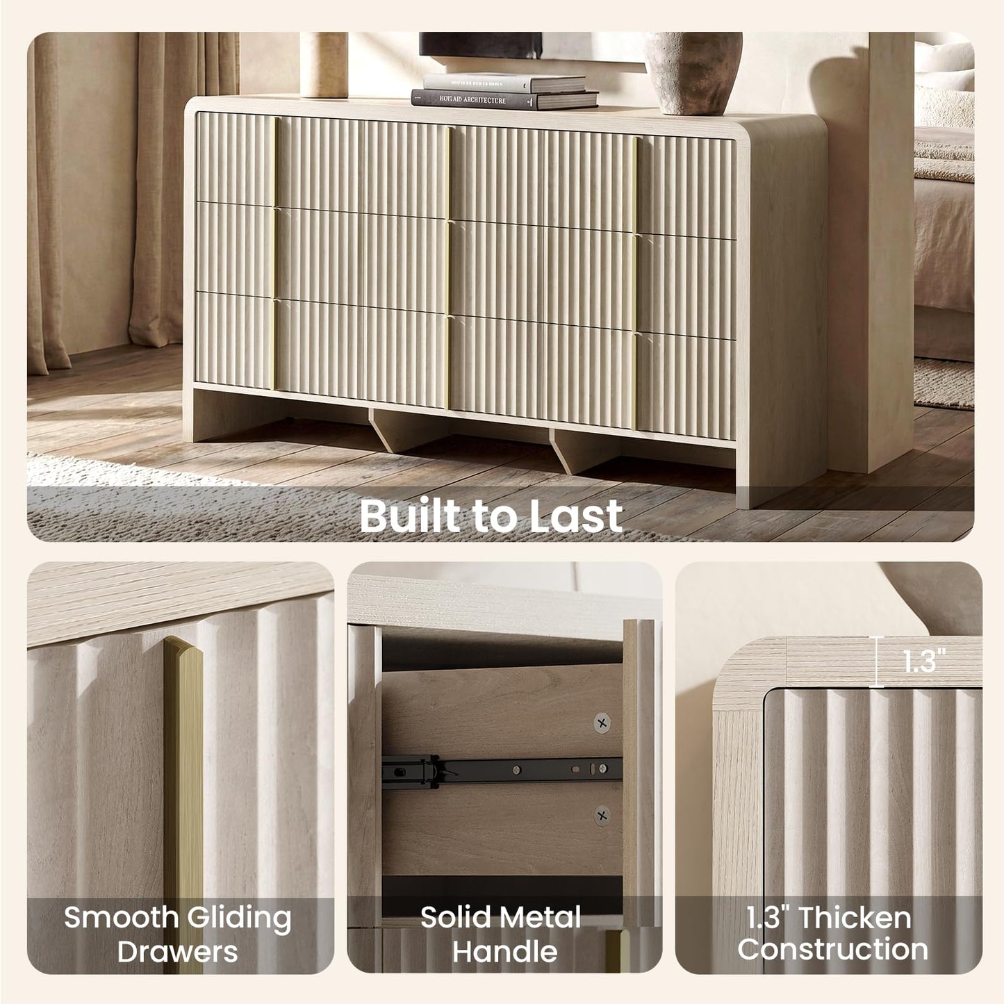 ModernMate Fluted 9 Drawer Dresser for Bedroom, 64.2" Wide White Chest of Drawers, Modern Wood Storage Cabinet with Metal Handles, Anti-Tip Clothes Organizer, White Alder