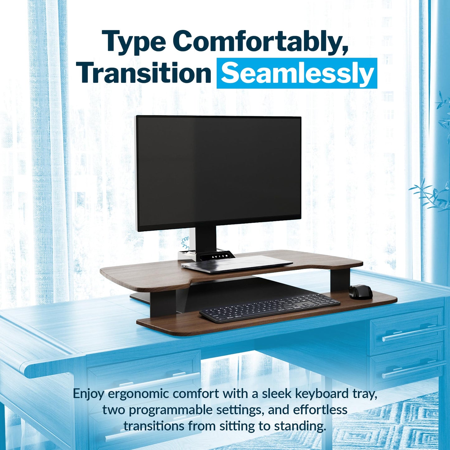 Vari VariDesk Premier Electric Converter - Standing Desk Height Adjustable Riser - Stand Up Converter for Home Office Workspace - Single Monitor Mount Computer Workstation (Walnut)