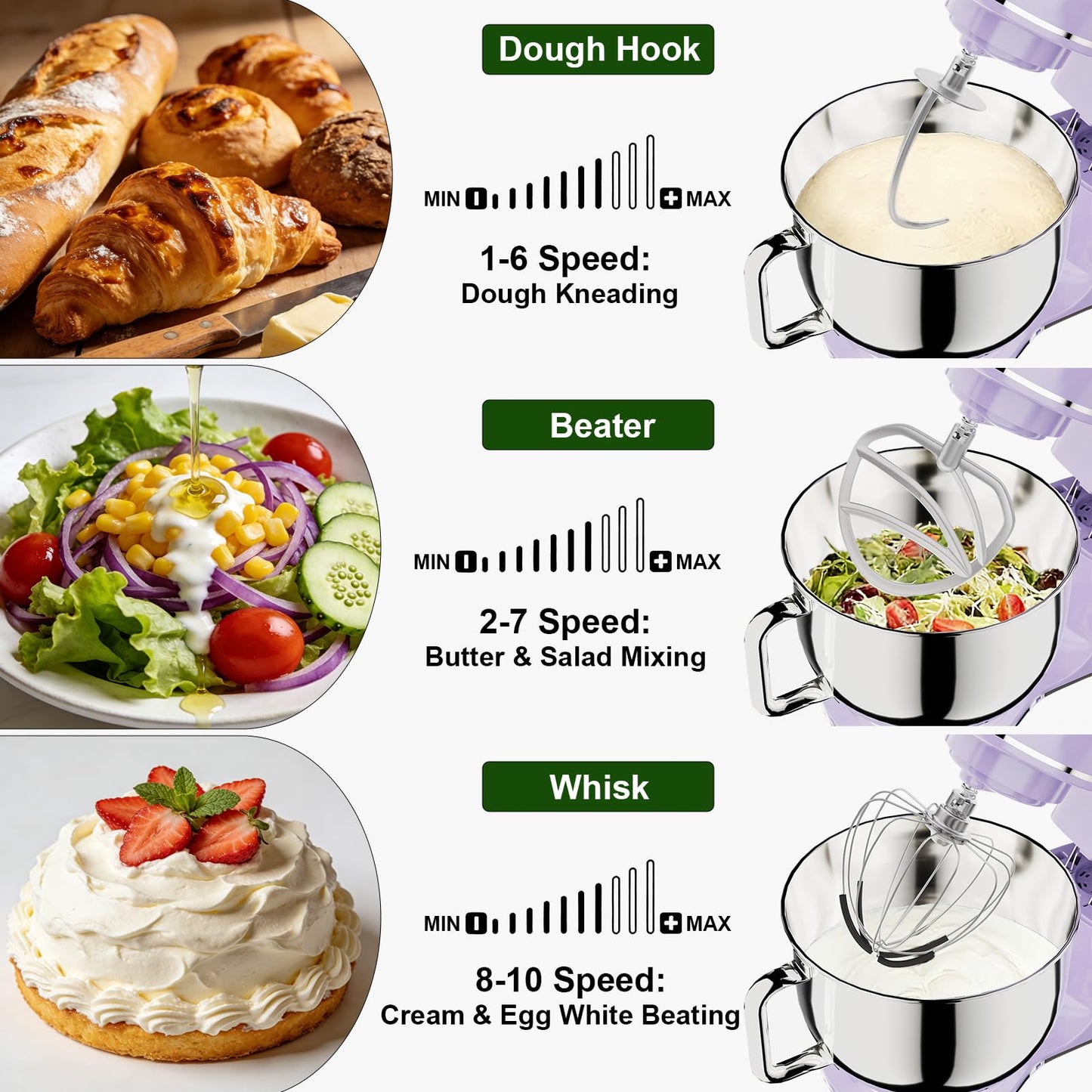 Camic Electric Stand Mixer,7.45 QT,10 Speeds with Dough Hook,Whisk, Flat Beater Attachments, Splash Guard, Easy-Carry Top Handle,3-IN-1 Kitchen Mixer for Baking Cakes Cookie Bread Salad (Purple)