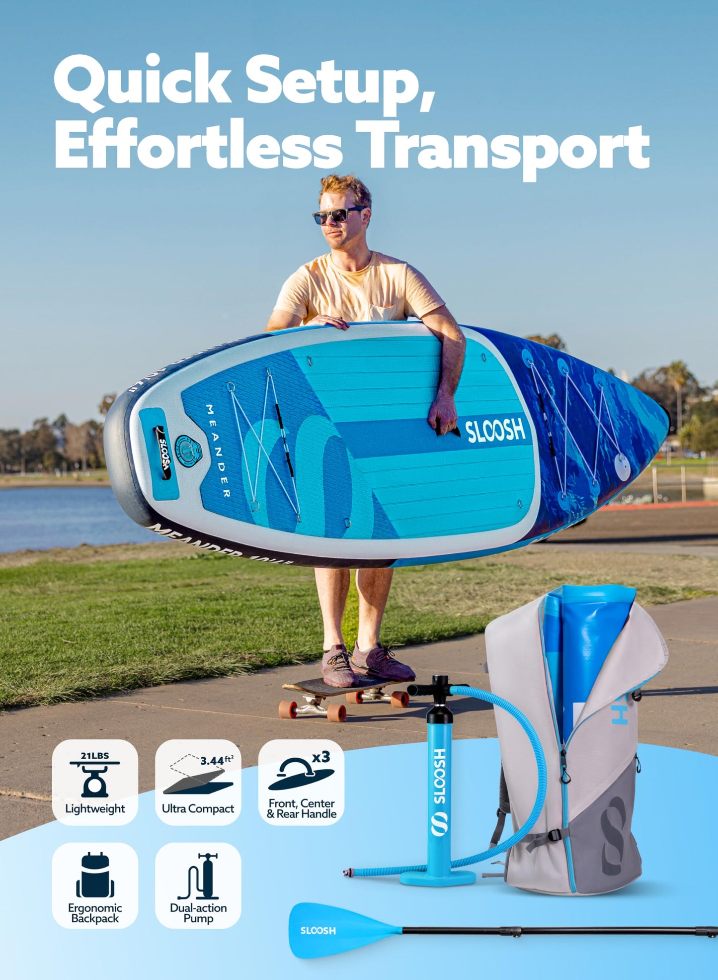 SLOOSH Inflatable Stand Up Paddle Board, 10'6" Inflatable Paddle Boards with Premium Accessories, Non-Slip EVA Deck, Ultra-Light Carry Bag, Meander SUP for Youth & Adults, Ocean Surge