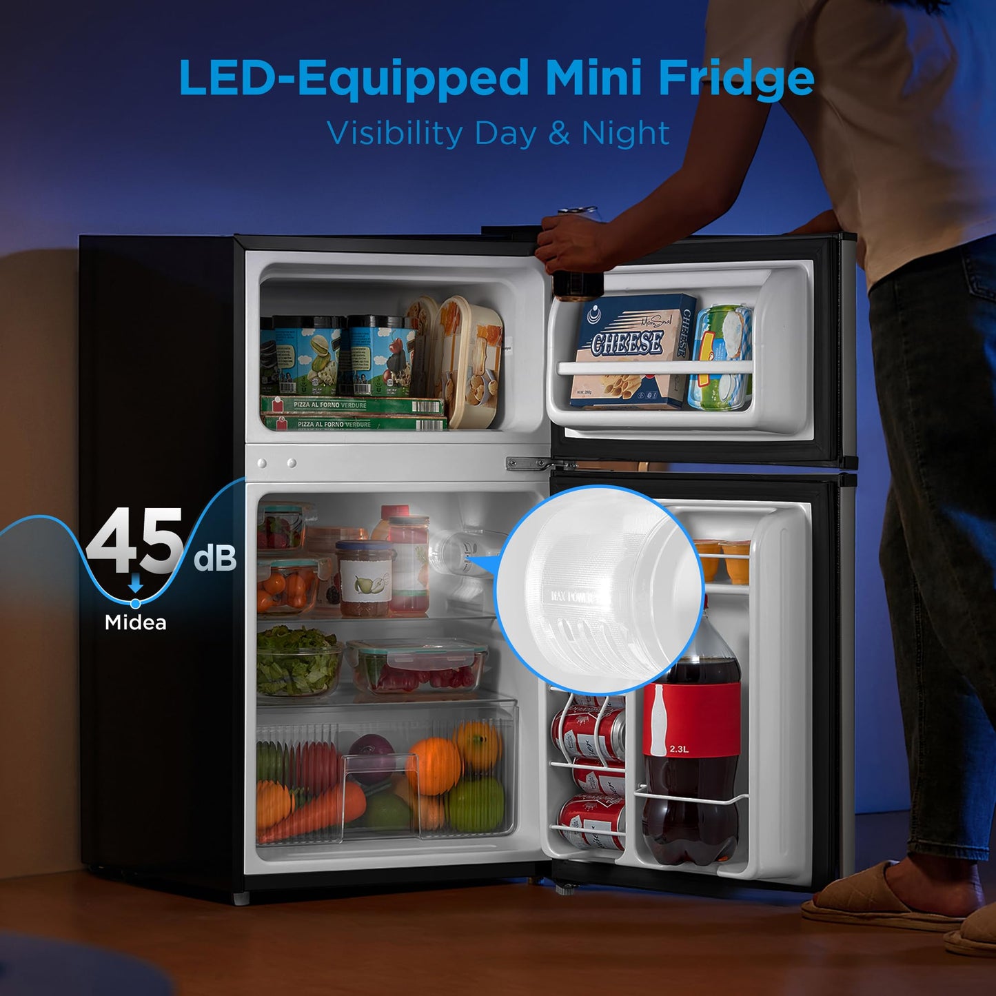Midea WHD-113FSS1 Double Door Mini Fridge with Freezer for Bedroom Office or Dorm with Adjustable Remove Glass Shelves Compact Refrigerator, 3.1 cu ft, Stainless Steel