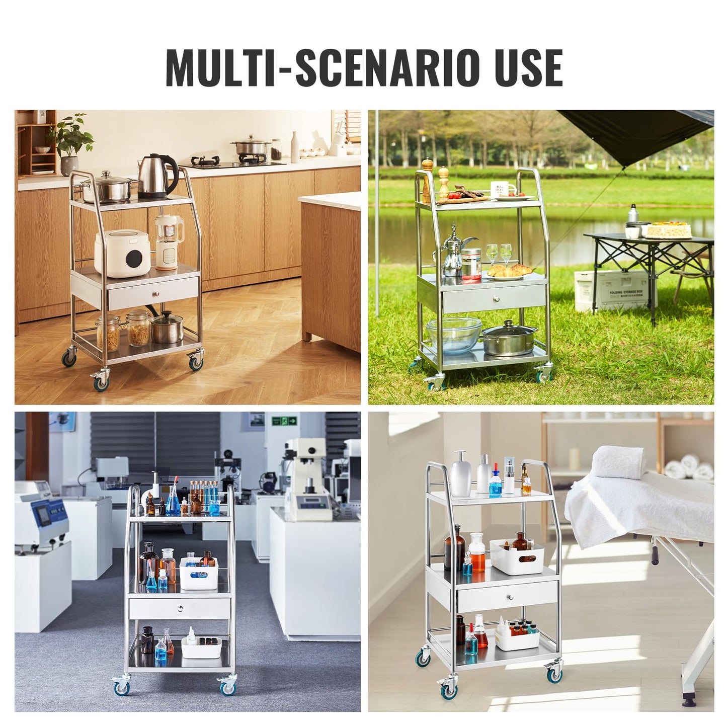 VEVOR Stainless Steel Utility Cart with 3 Shelves & 1 Drawer, 360 Swivel Casters, 220lbs Capacity