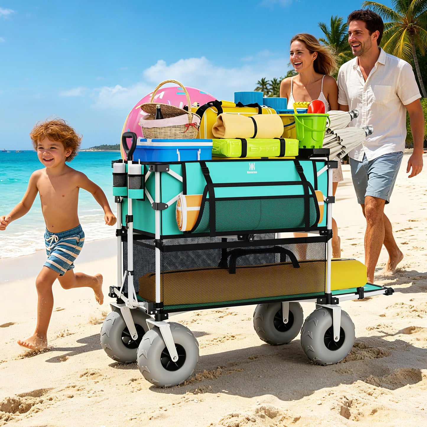 Navatiee 500Lbs Double Decker Wagon, 400L Large Capacity Heavy Duty Beach Cart with 9" Balloon Wheels for Sand, Folding Collapsible Wagon with Side Pocket for Beach, Sport, Camping, Light Blue