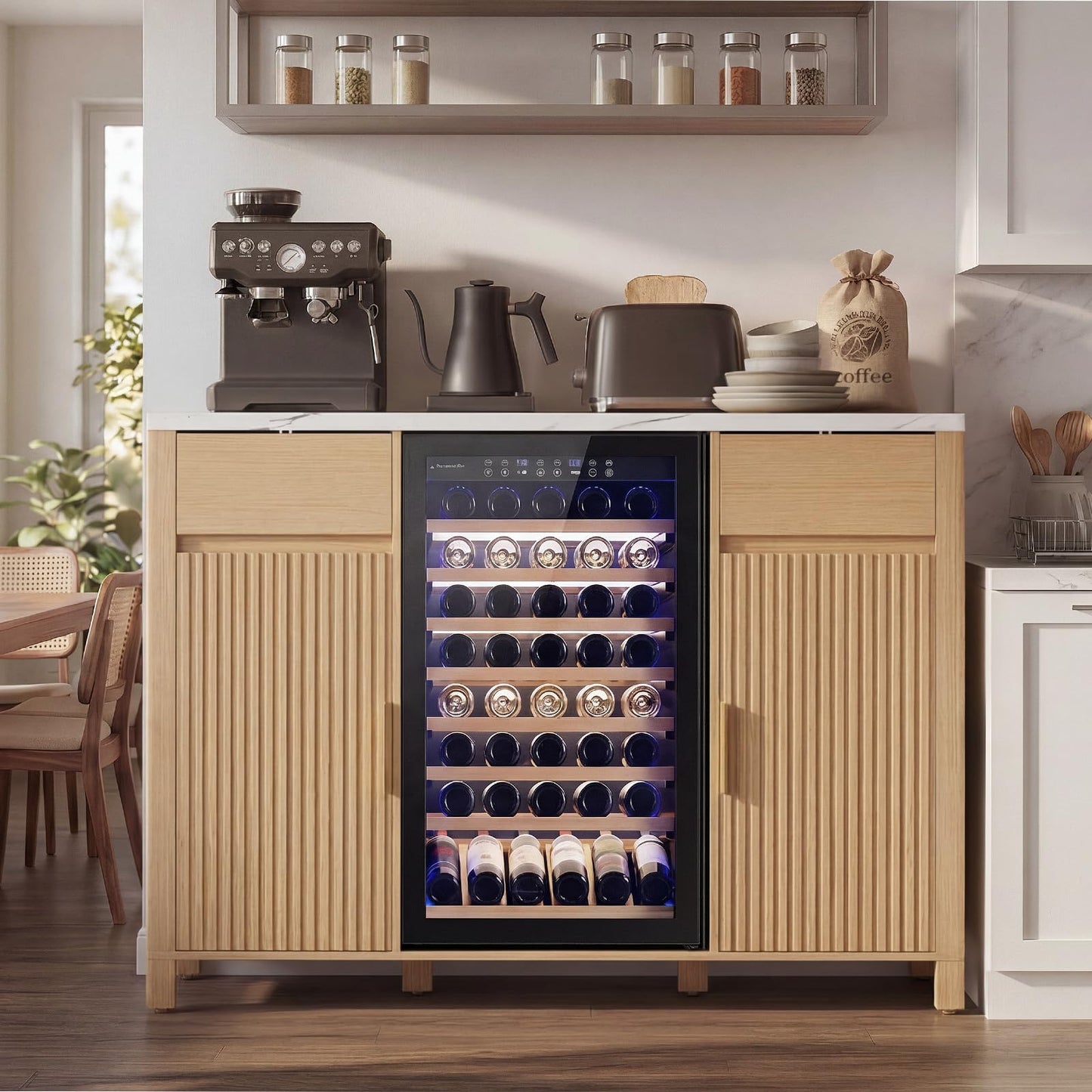 Garvee 53" Fluted Coffee Bar with Mini Fridge Space & Charging Station, Fits 19.7" Mini Fridge, Fridge Cabinet with Wine Storage, Buffet Sideboard with Wine Rack and Storage for Dining Room, Oak