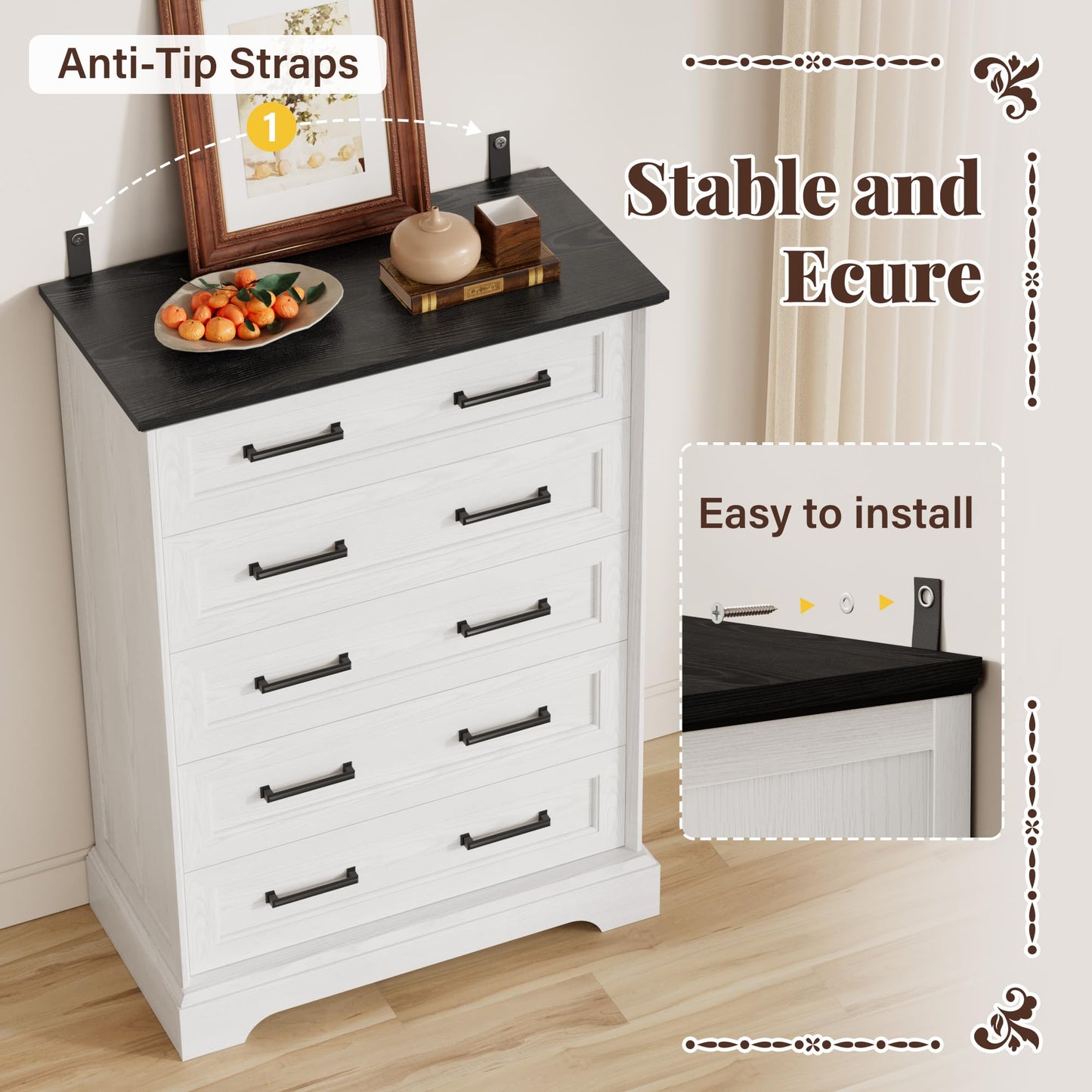 Furmax Farmhouse Dresser for Bedroom, 5 Drawers Dresser, Wood Chest of Drawers, 31.5" Wide Storage Dressers Organizer for Bedroom, Living Room (White and Black)