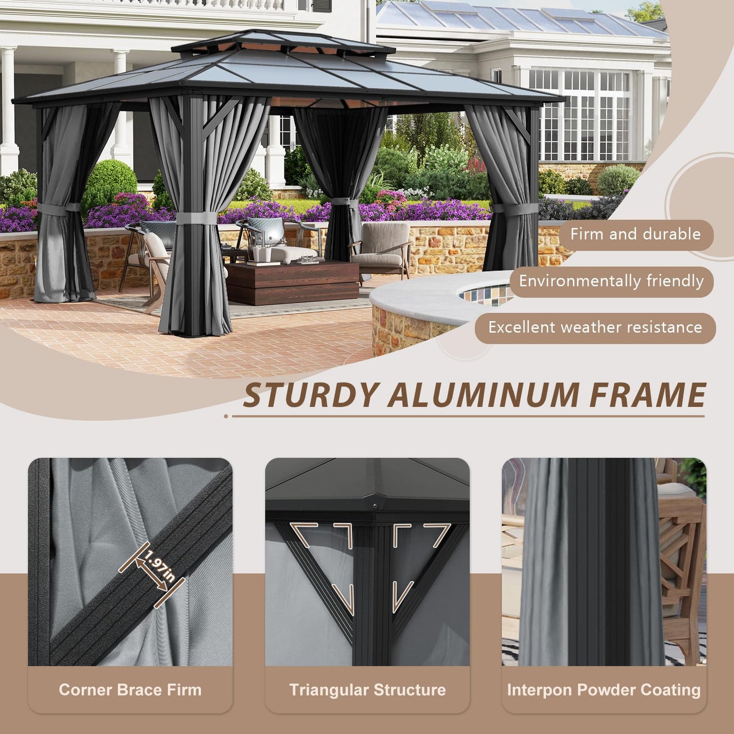 Breezestival 12’x14’ Hardtop Gazebo with Double Polycarbonate Roof Outdoor Metal Gazebo Sturdy Aluminum Frame & Removable Curtains, Netting Permanent Pavilion Pergola for Garden,Patio,Lawn (Gray)