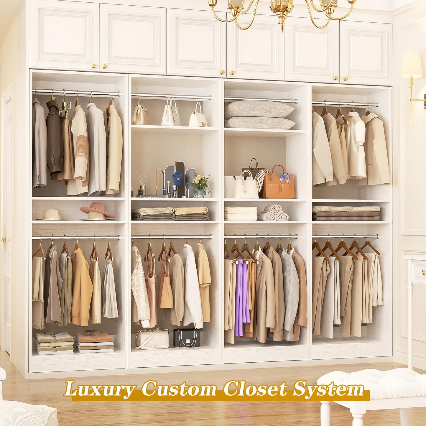Unikito 100” Closet System, 8.3FT Wood Closet Storage Organizer with 8 Hanging Rods, Adjustable Large Walk in Wardrobe Closet Tower, Sturdy Clothes Garment Rack, Easy Assembly, Set of 4, White