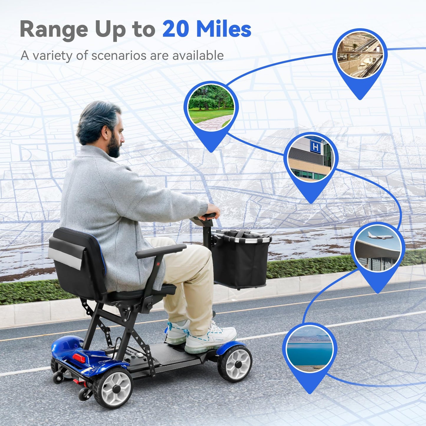 (2026 Upgrade) Lightweight Mobility Scooter for Seniors & Adults, Folding Mobility Scooters, 24.8 Miles Travel Foldable 4 Wheeler, Removable Lithium Battery, 300lb Capacity-Gloss Blue