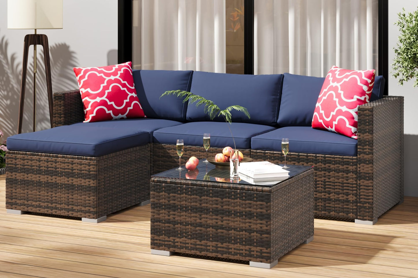 GarveeLife 5 Pieces Patio Furniture Set, Outdoor Sectional Sofa, All-Weather Wicker Conversation Set with Ottoman & Glass Coffee Table, Rattan Couch Seating for Garden, Backyard, Poolside, Navy Blue
