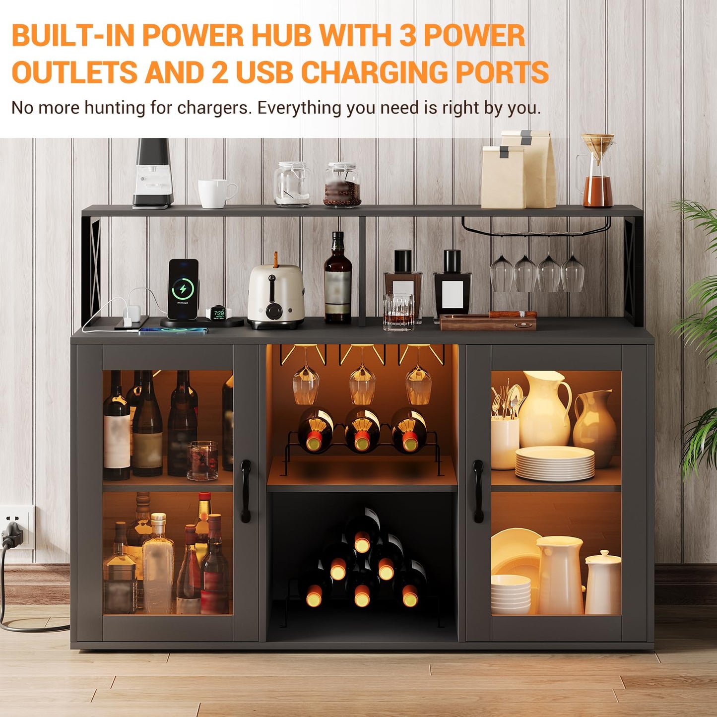 MegaChoice Wine Bar Liquor Cabinet with LED Lights, Wine Glass Holder & Rack, Kitchen Coffee Bar Cabinet, Sideboard Cabinet Bars with Storage for Home, Living Room, Dining Room Black