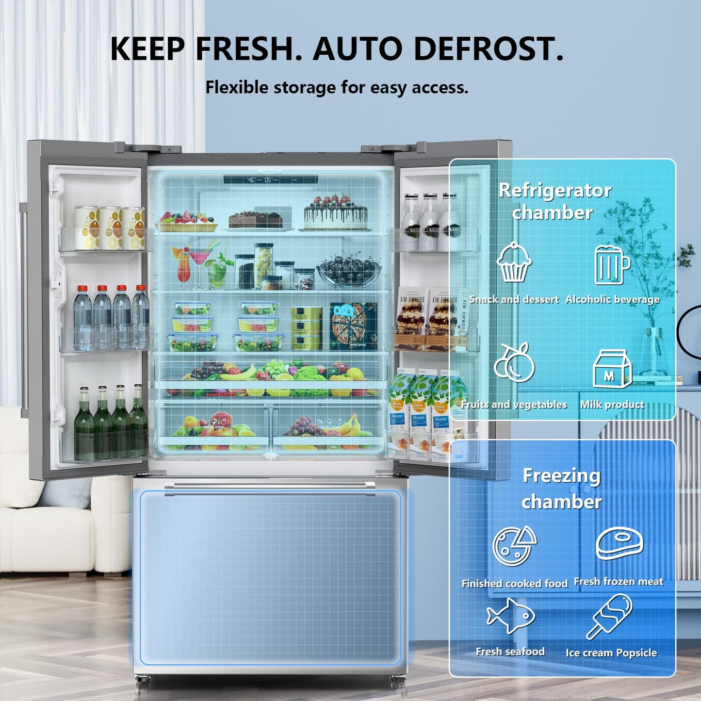 Antarctic Star 2 French Door Refrigerator, Auto Ice & Water Filter, VCM Stainless, Multi-Air, Fast Cooling, Inverter, LED Alarm, Energy Star, 20.3 Cu Ft, Silver