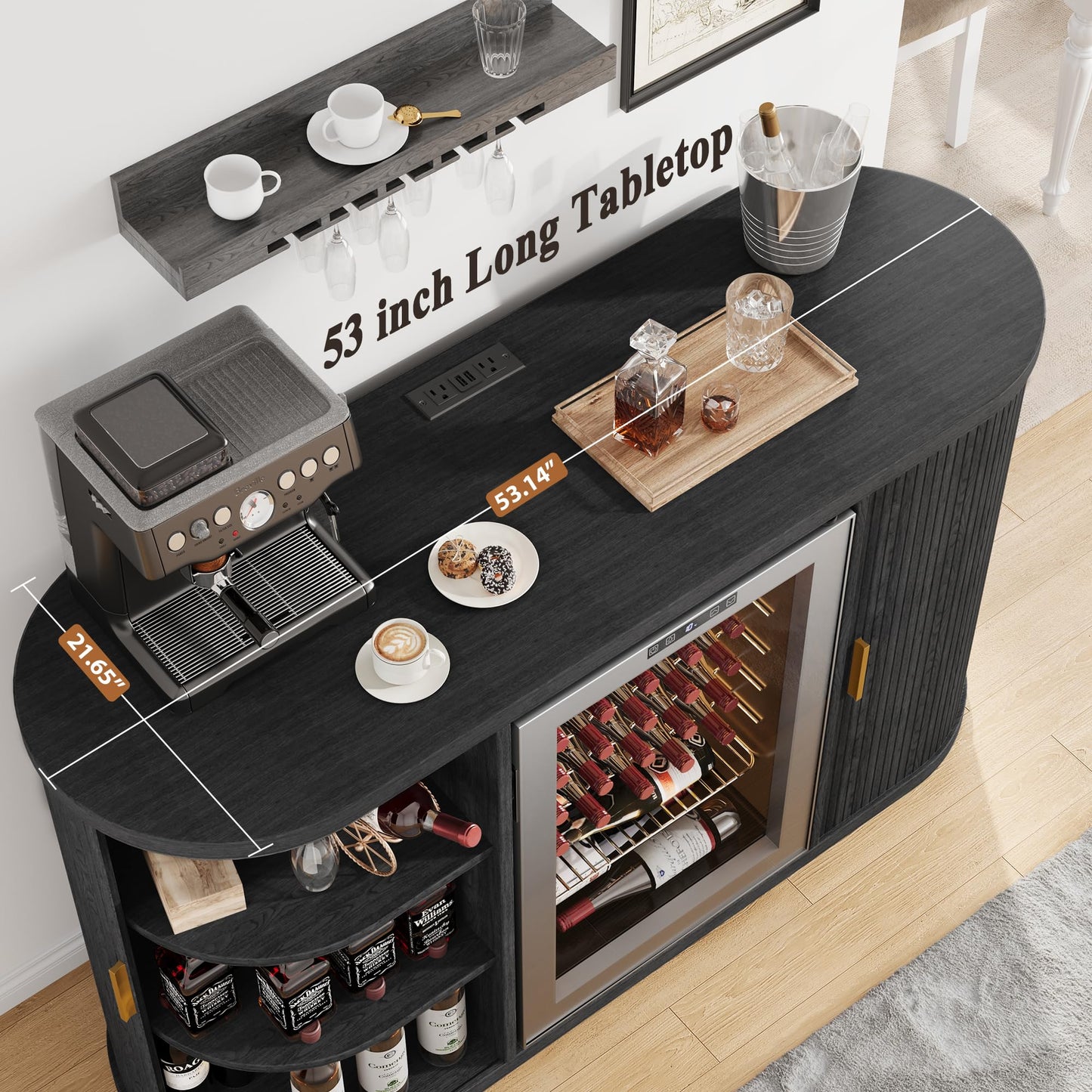 Jocoevol 53" Fluted Wine Bar Cabinet with Sliding Doors, Coffee Bar Cabinet with Charging Station & Glass Holder, Modern Liquor Whiskey Buffet Sideboard for Dining Room, Living Room, Kitchen (Black)