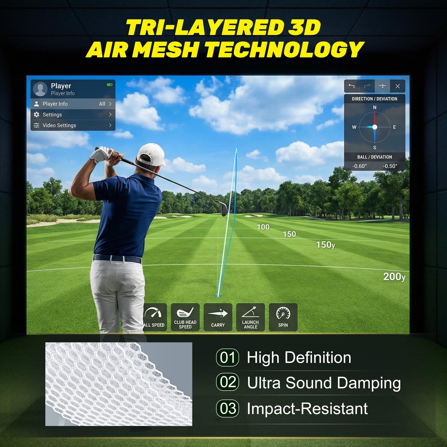 Aerixtron Golf Impact Screen, 3D Air Mesh Golf Simulator Impact Screen, Thicken HD Projector Screen for Hitting Training Practice Home/Indoor/Outdoor with Webbing Buckles & Bungee Cords-11.5 x 9.8 ft