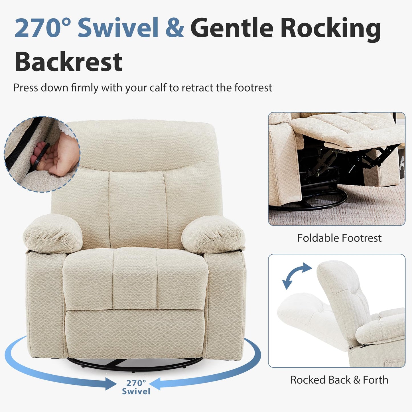 HAPPYMONT Recliner Chair, Durable & Tear-Resistant Massage Chair with Heating, Premium Chenille Fabric Massage Recliner Supports up to 380 LBS for Living Room, Bedroom, Beige