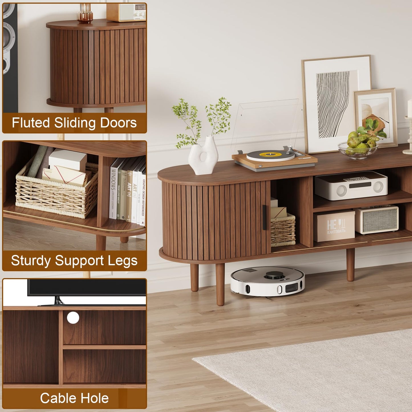 LMSXG-MZ Mid Century Modern TV Stand for Living Room, 70.1-Inch Media TV Console/Bedroom Entertainment Center with Sliding Doors, Fluted Under TV Cabinet for 55/65/75/80 Inch Tvs (Walnut)