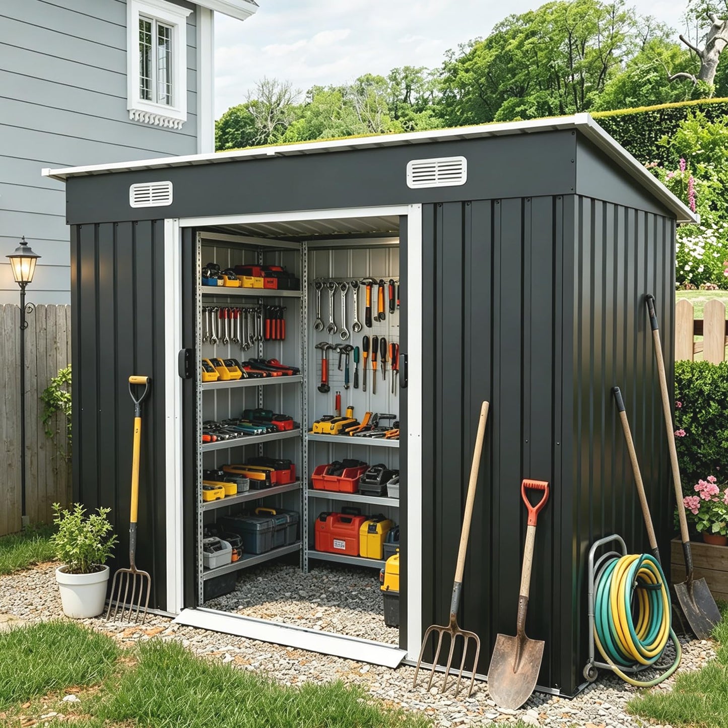 8x4 FT Galvanized Steel Outdoor Storage Shed with Sliding Lockable Double Doors, Sloped Roof, Ventilation Vents, Anchor Kit, Floorless Metal Garden Storage Building for Tools, Bicycles,Lawn Equipment