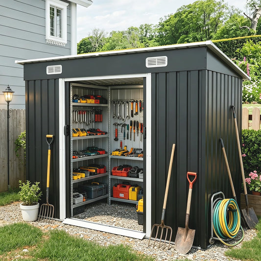 8x4 FT Galvanized Steel Outdoor Storage Shed with Sliding Lockable Double Doors, Sloped Roof, Ventilation Vents, Anchor Kit, Floorless Metal Garden Storage Building for Tools, Bicycles,Lawn Equipment