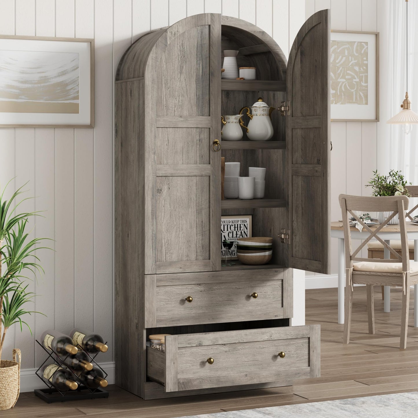 Garvee 72" Tall Dome Bookcase with Drawers, 4-Tier Wooden Bookshelf Storage Cabinet with Door, Farmhouse Arched Cabinet with Storage, Wood Arch Bookcase for Home Office, Living Room, Gray