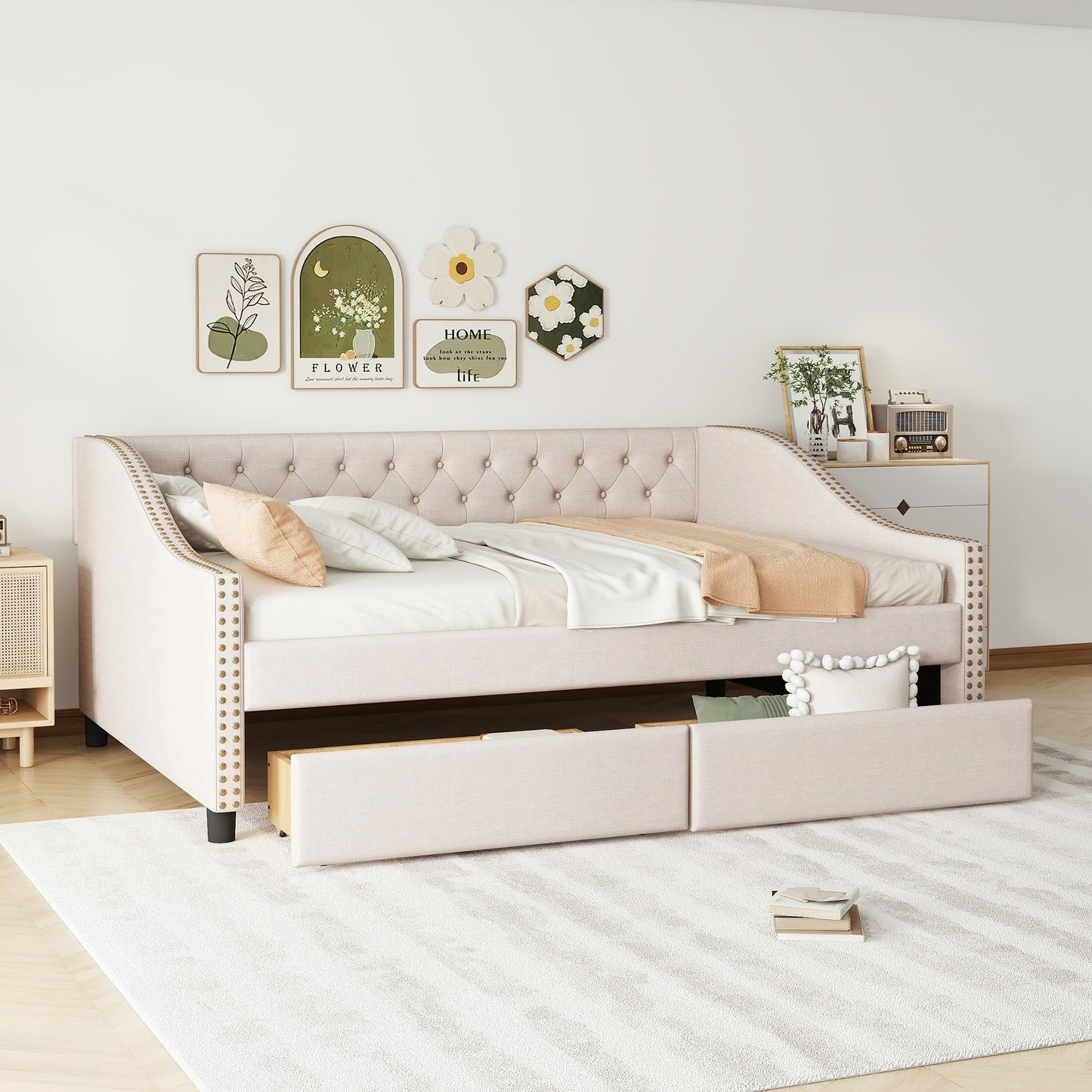 Daybed Frame Full Size with Storage 2 Drawers and Button Tufted, Upholstered Platform Bed, No Box Spring Needed
