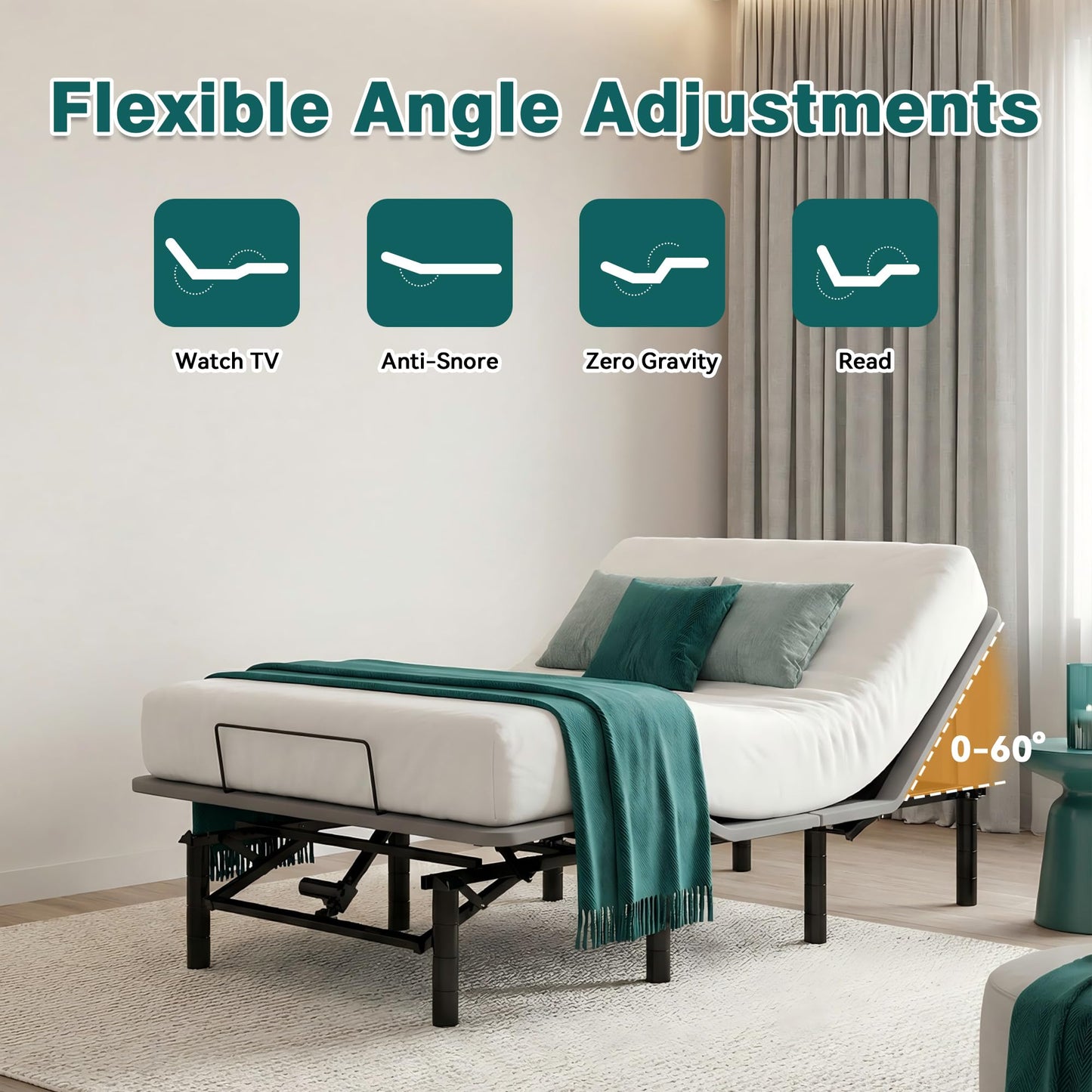 GM Ultra Queen Adjustable Bed Frame with Massage, Electric Bed Base with Head & Foot Incline, Wireless Remote, USB-A & USB-C Ports, LED Under-Bed Night Light, Height Adjustable Legs, Easy Assembly