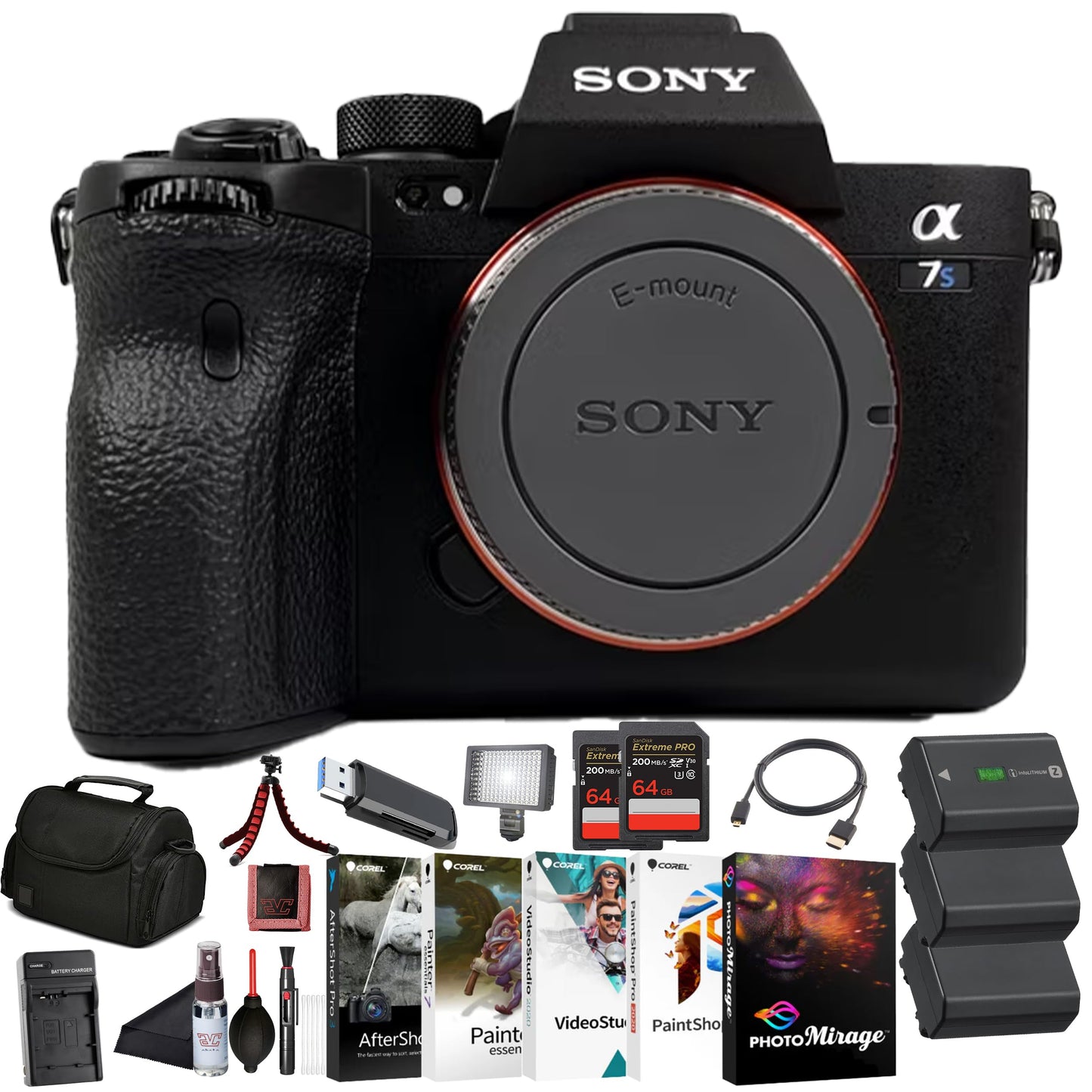 Sony α7S III Full-Frame Mirrorless Camera Body (ILCE-7SM3/B) – 12.1 MP BSI Sensor, 4K 120p 10-Bit Video | 2 x 64GB Memory Card, 3 x NP-FZ-100 Battery, Case, External Charger and More