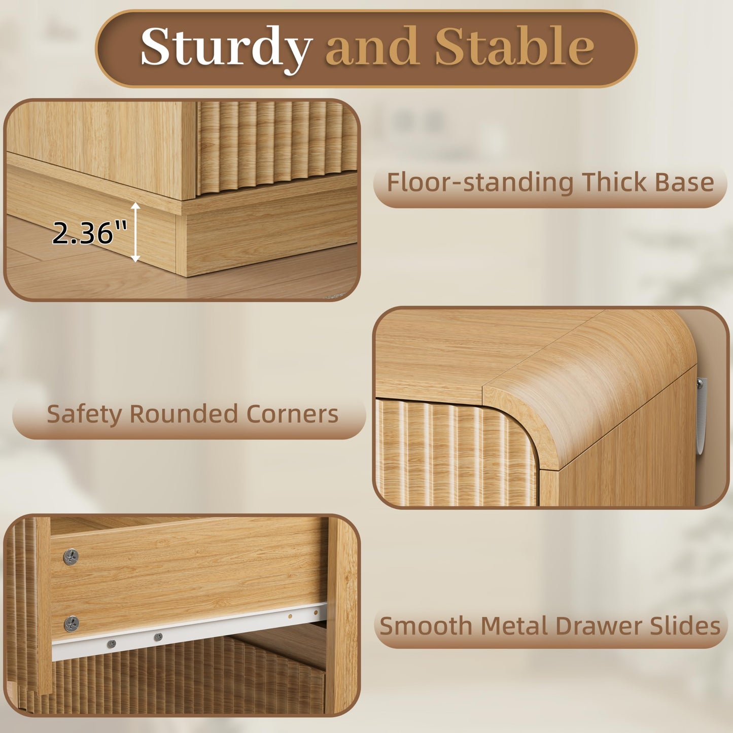 Wodeer Natural Oak Dresser Fluted Tall 5 Drawer Dresser for Bedroom, Wood Chest of Drawers with Hidden Handles & Rounded Corners, Modern Storage Cabinet and Organizer Drawers for Living Room, Hallway