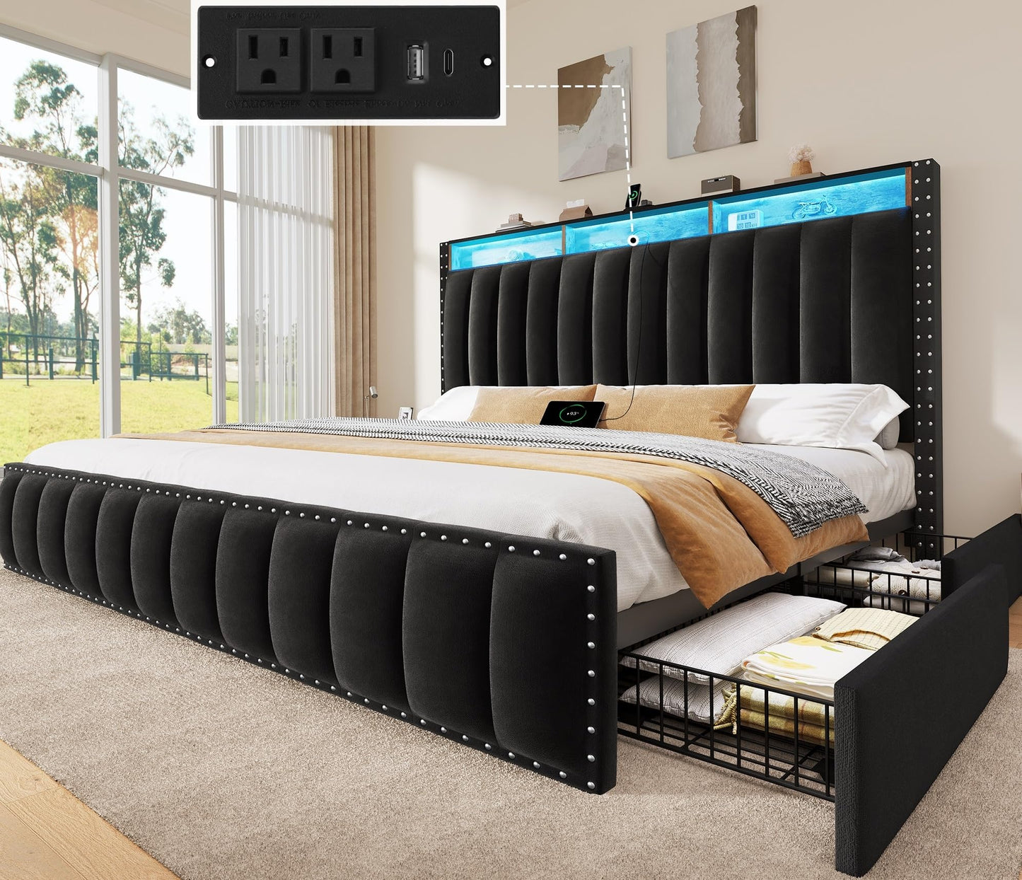 YITAHOME King Size Bed Frame with 4 Storage Drawers and RGB LED Lights, Velvet Upholstered Platform Bed with Charging Station and Bookcase Storage Headboard, No Box Spring Needed, Easy Assembly, Black