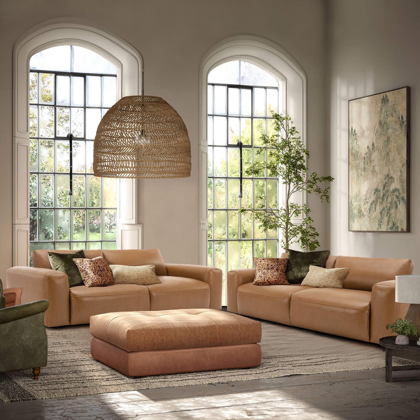 COLAMY 95Inches Oversized PU Leather Sofa for Living Room-Down Filled 3-Seater Modern Sofa with Extra Deep Seats, Wide Arm-Brown