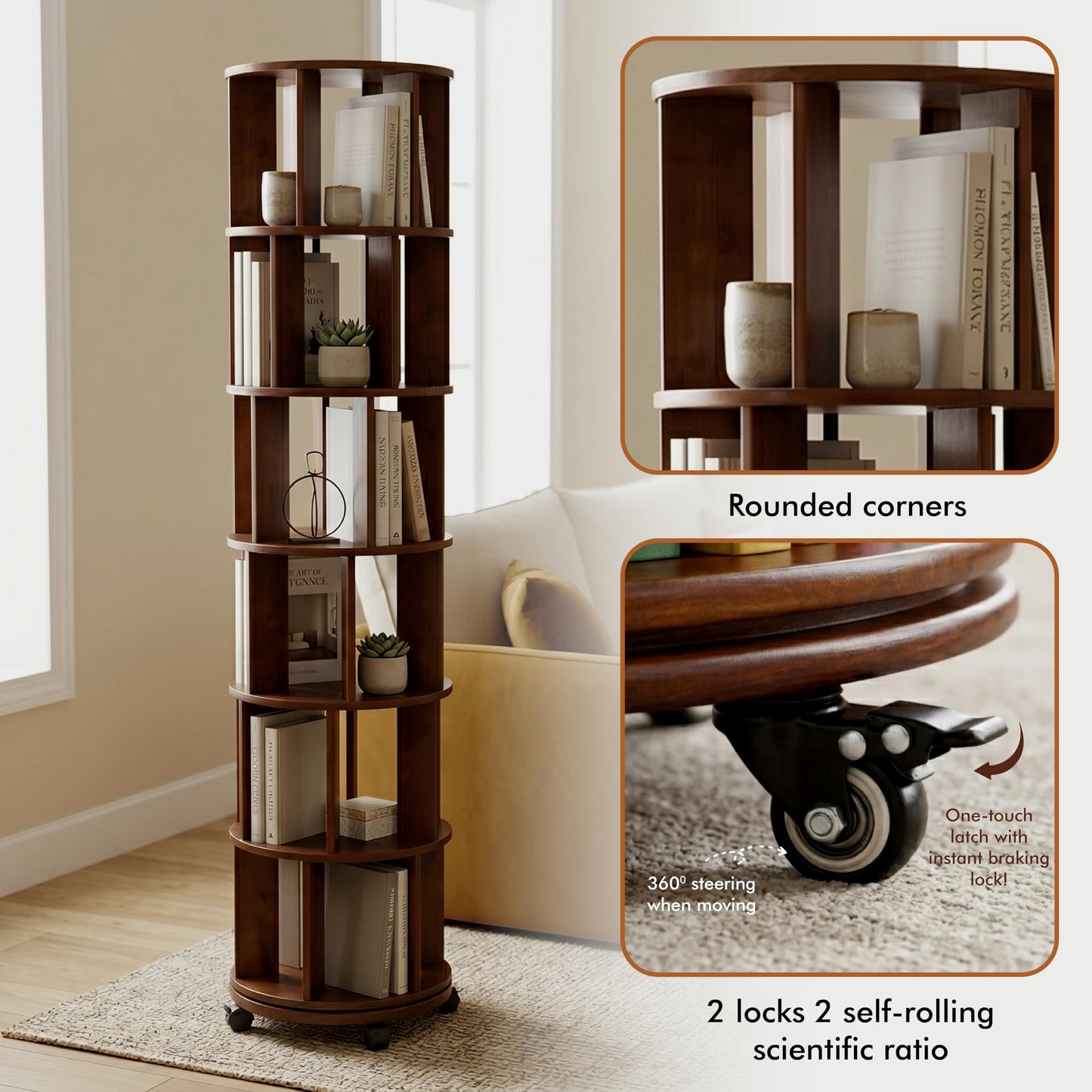 Rotating Bookshelf Tower on Wheels, Solid Rubber Wood Spinning, Round Bookcase with Lockable Casters, 360° Rolling, Book Shelf for Small Spaces, Corner, Home Office & Bedroom (6 Tier - Walnut)