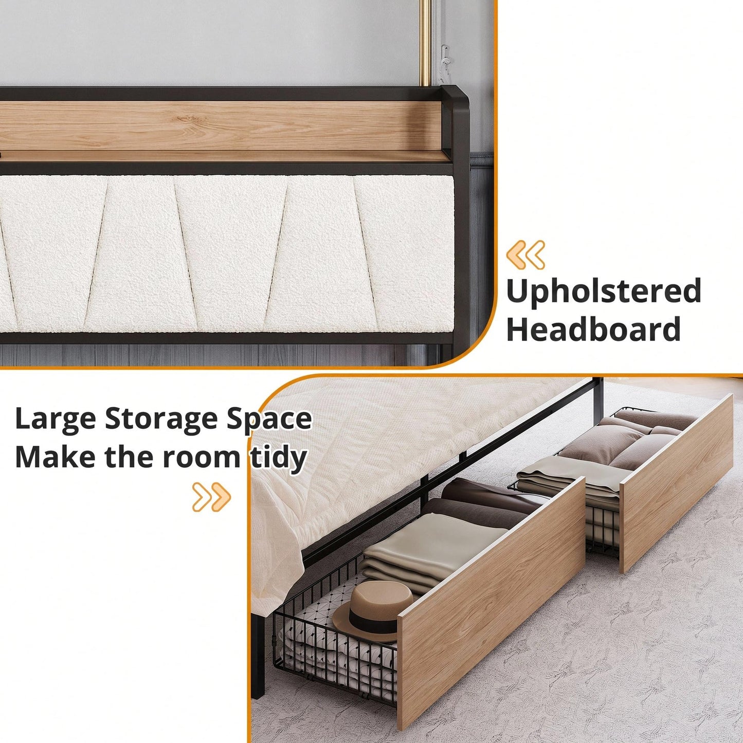 LIKIMIO King Size Bed Frame with 2 Drawers and Charging Station
