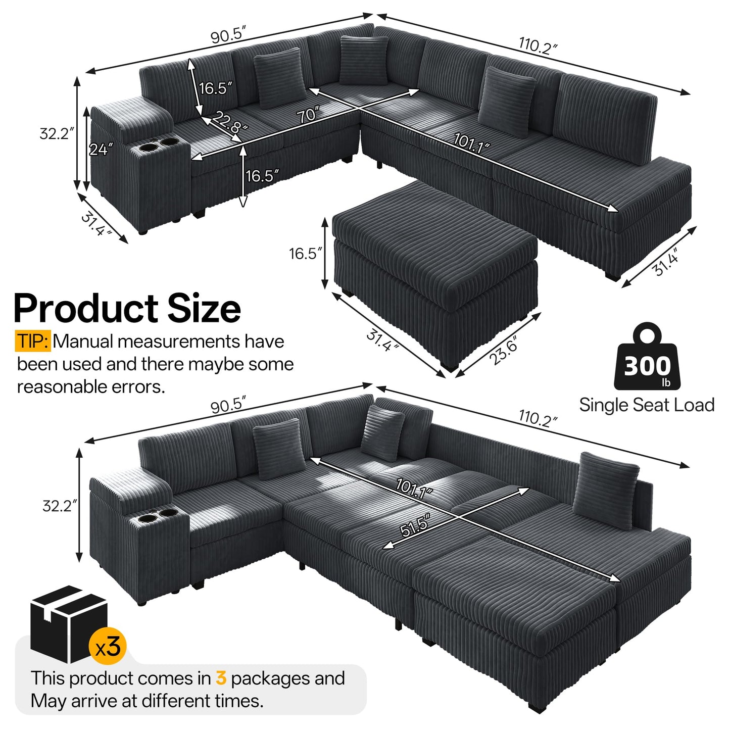 KEIKI 110" L-Shaped Oversized Plush Corduroy Modular Sectional Sofa with Pull-Out Bed, Convertible 6-Seater Sleeper Couch Bed with 1 Ottomans & USB & Cup Holders, Easy Assembly, for Living Room, Gray