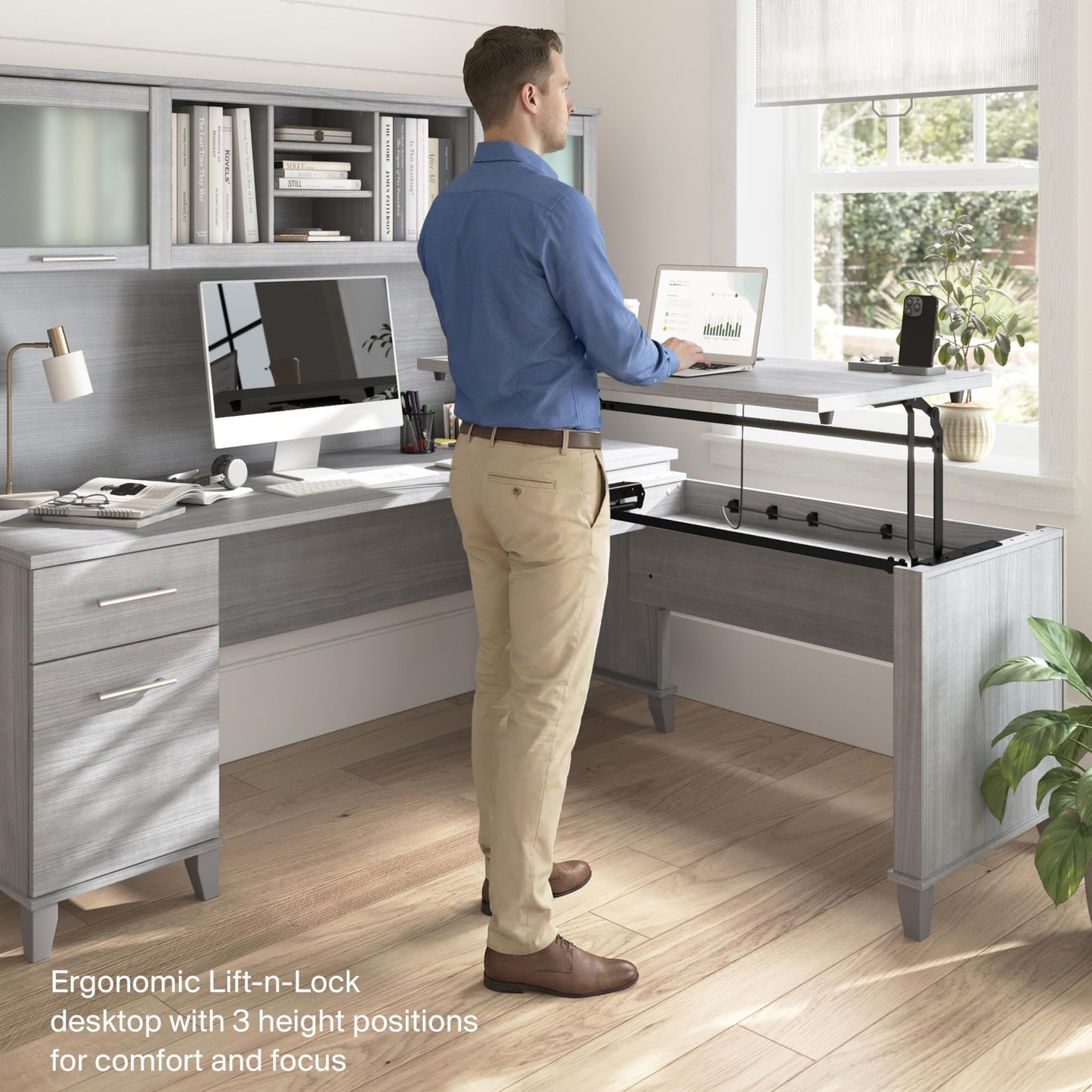 Bush Home 72-Inch L-Shaped Sit to Stand Desk with Hutch, Adjustable Height Standing Corner Computer Desk with Drawers, Shelves and Storage Cabinet, Home Office, Somerset Collection, Platinum Gray