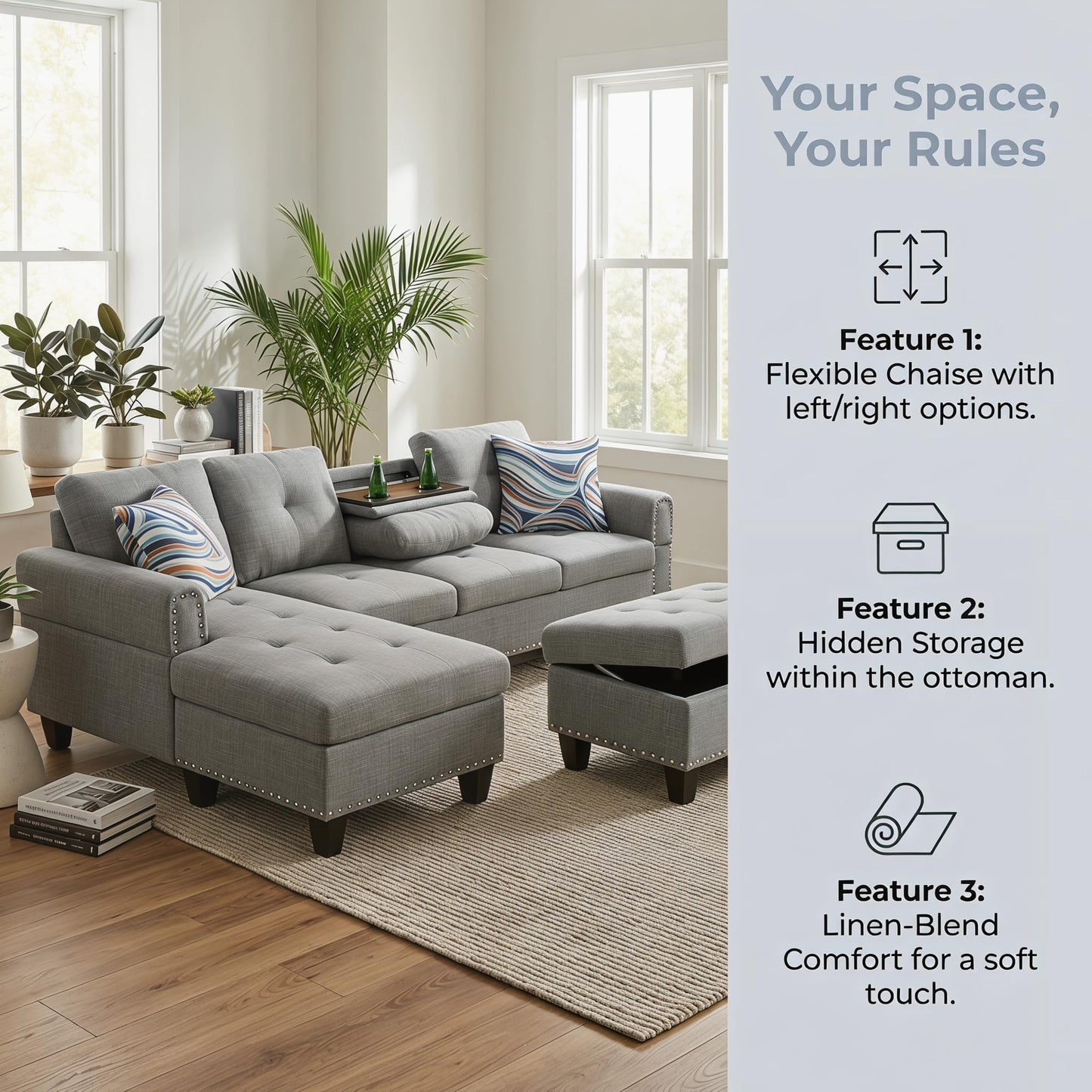 Trygoal 97.5" Linen L Shaped Couch with Left Chaise & Cup Holder, Sectional Sofas Modular Furniture Set with Storage Ottoman, Convertible Couches for Living Room, Small Space & Office (Grey)
