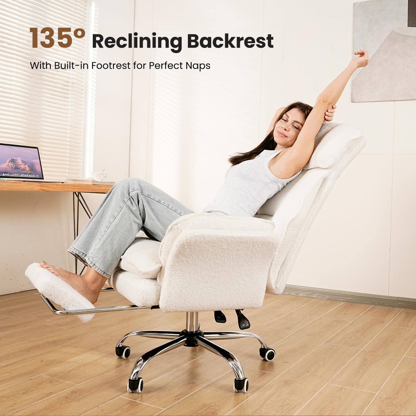 Big and Tall Office Chair, Flip Armrests for Pets & Cross Legged Sitting, Executive Ergonomic Computer Gaming Chair with Foot Rest, Teddy Fleece Wide Seat Reclining Desk Chair, White Vanity Chair