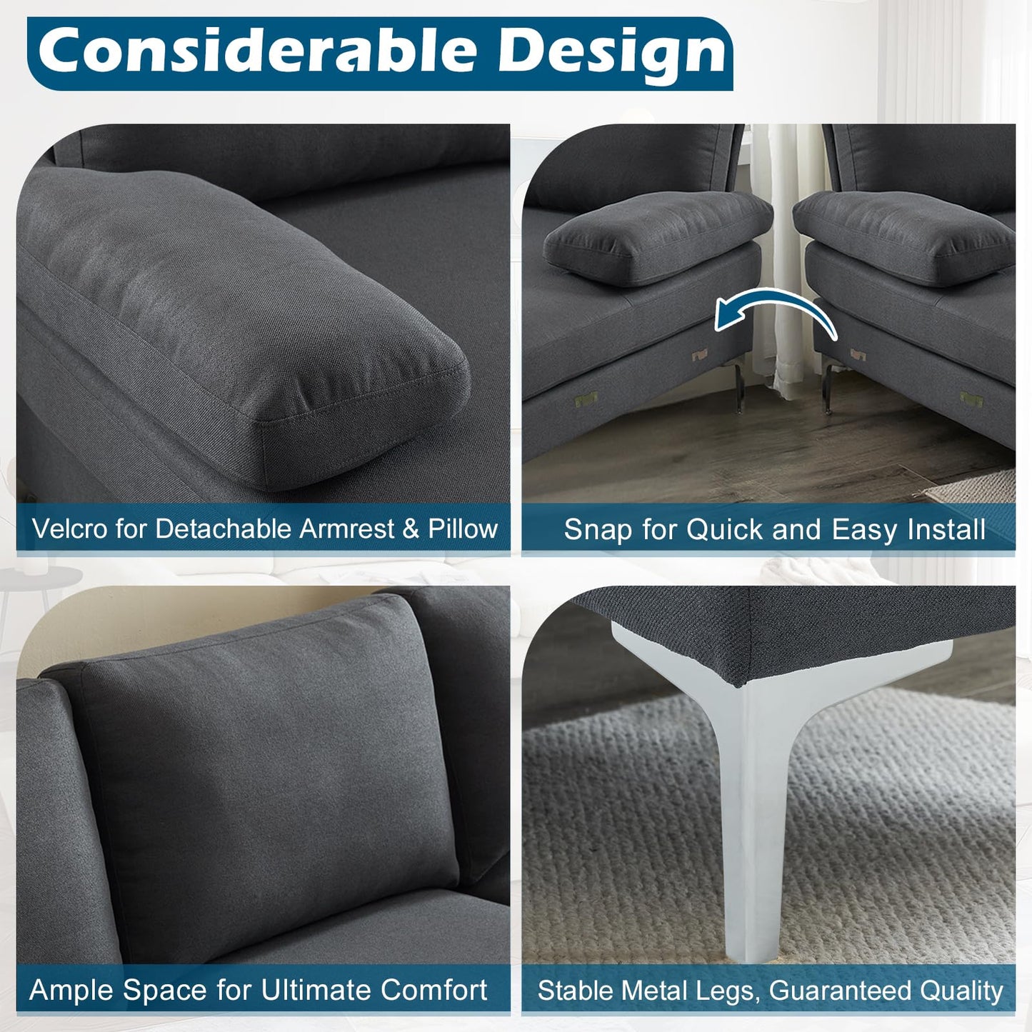 VINGLI 110" Modern Sectional Couch with 51" D Double Chaise, Dark Grey Deep Seat U Shaped Couch with Removable Pillows & Metal Legs, Comfy 4-Seat Sofas for Living Room, Linen Fabric