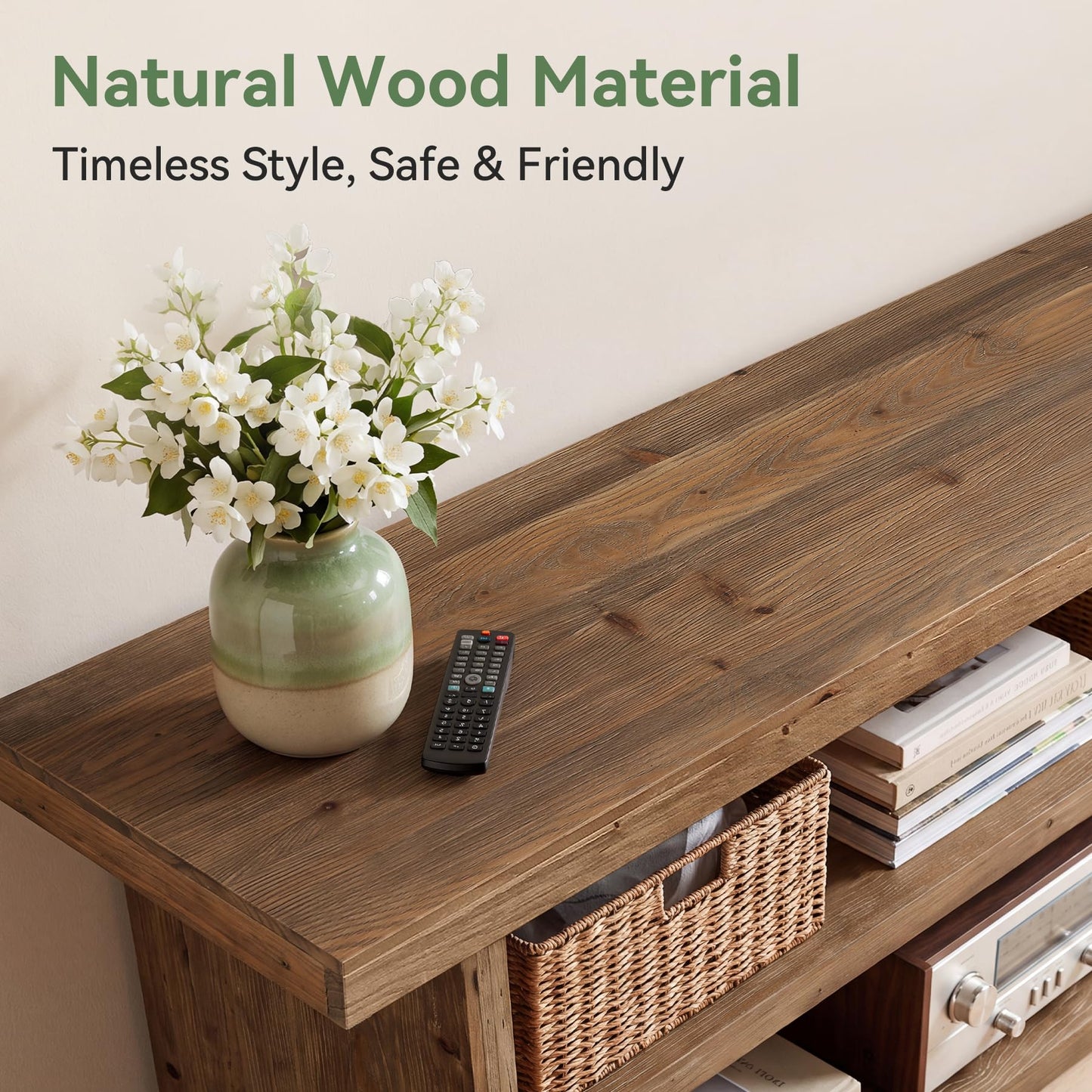 TRIBEWOOD 63" Solid Wood TV Stand, 3-Tier Entertainment Center with Storage, Farmhouse Television Stand for 55/60/65/75-Inch TVs, Wooden TV Table for Living Room, Bedroom