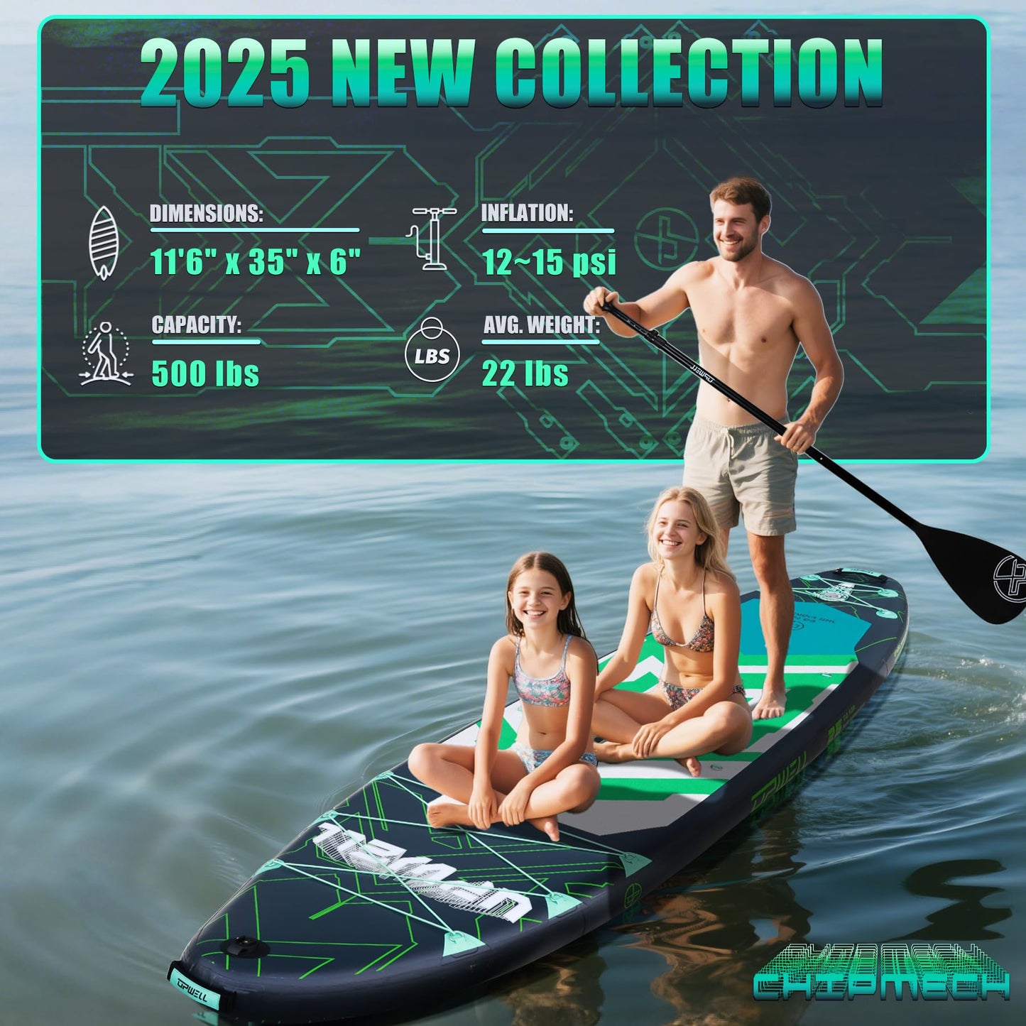 UPWELL 11'6"×35" Extra Wide Inflatable Paddle Board, Stand Up Paddle Board, Sup Paddle Boards for Adults, Chipmech Green
