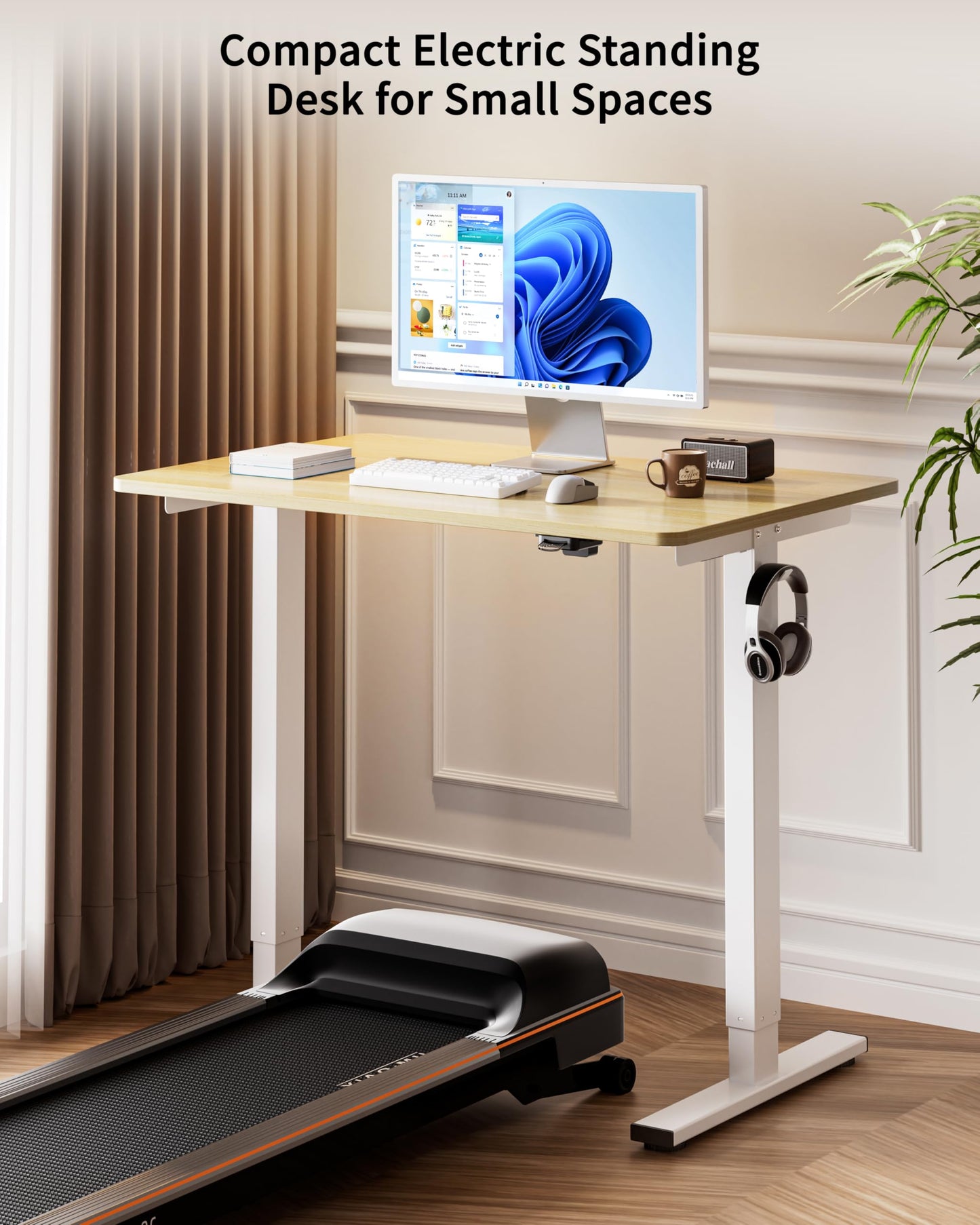 BIZUM 35.4" Small Electric Standing Desk Height Adjustable, Whole Piece Stand Up Computer Desk Work Study Writing Gaming Desks for Home Office Oak