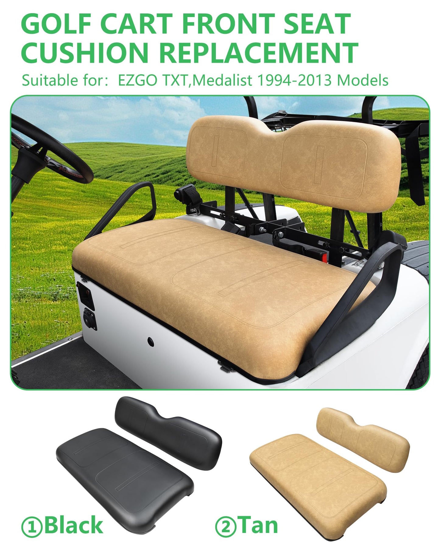 HEOHOU Golf Cart Front Seat Replacement Cushion Assembly Kit for EZGO TXT Medalist 1994-2013 Models,Golf Cart Front Seat Back and Seat Bottom Cushion,Tan