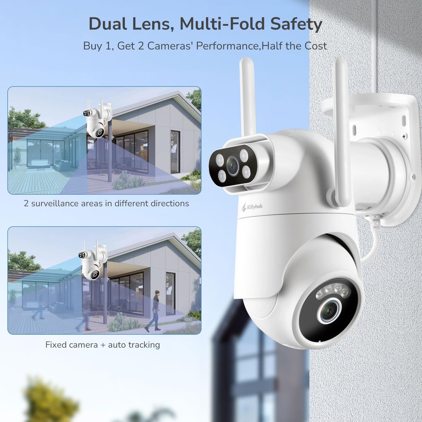 Home Security Camera System Wireless, Dual Lens 2K Security Cameras Wireless Outdoor with 2.4/5GHz WiFi, 360° PTZ, Auto Tracking, Motion Detection, Night Vision, 2-Way Audio, 10CH NVR with 500GB HDD
