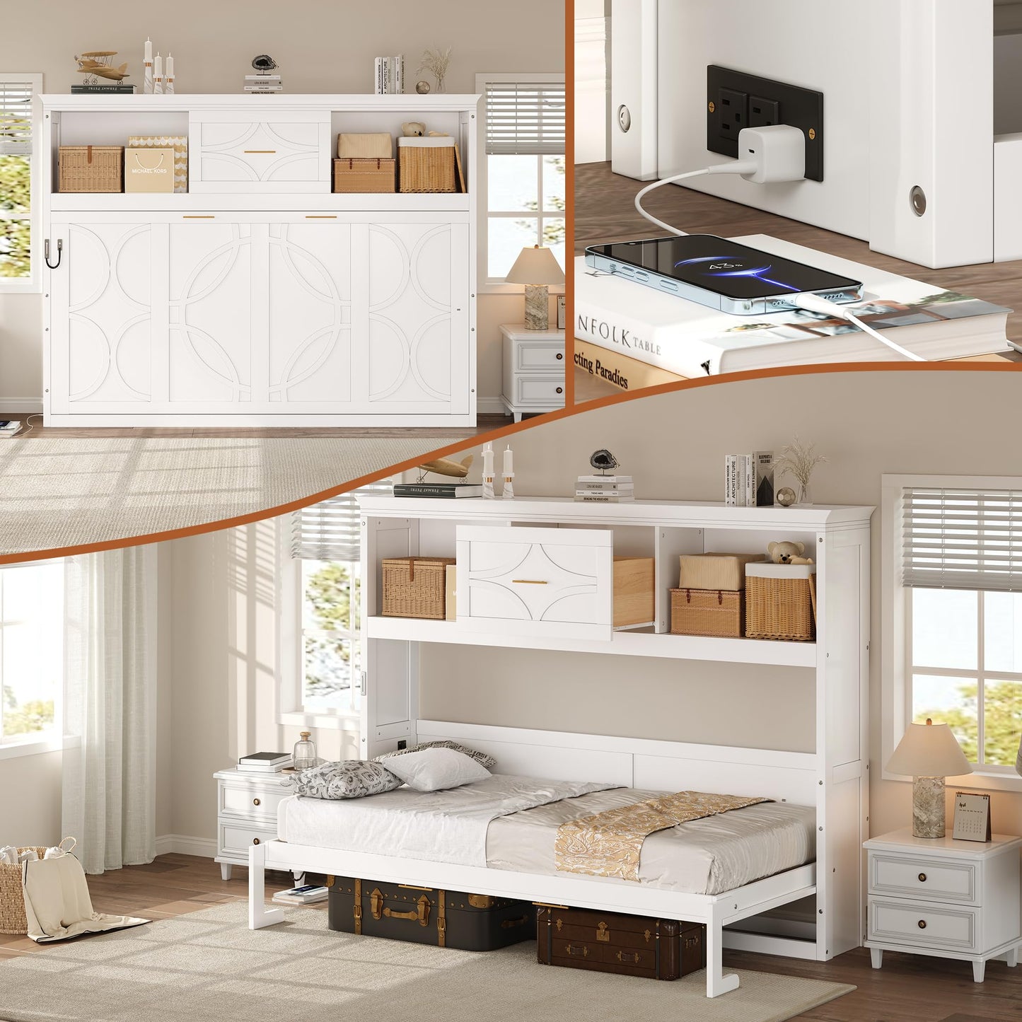 MERITLINE Twin Horizontal Murphy Bed with Storage Bookcase Shelves & Drawer and Charging Station,Solid Wood Farmhouse Murphy Wall Bed with Storage, Slat Support (White)