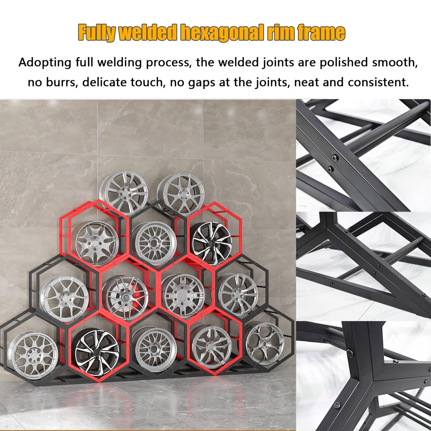 Aimery Rims Tire Rack for Garage, Hexagon Display Rack, Steel Spare Tyre Organizer, Wheel Organizer Holder(D)