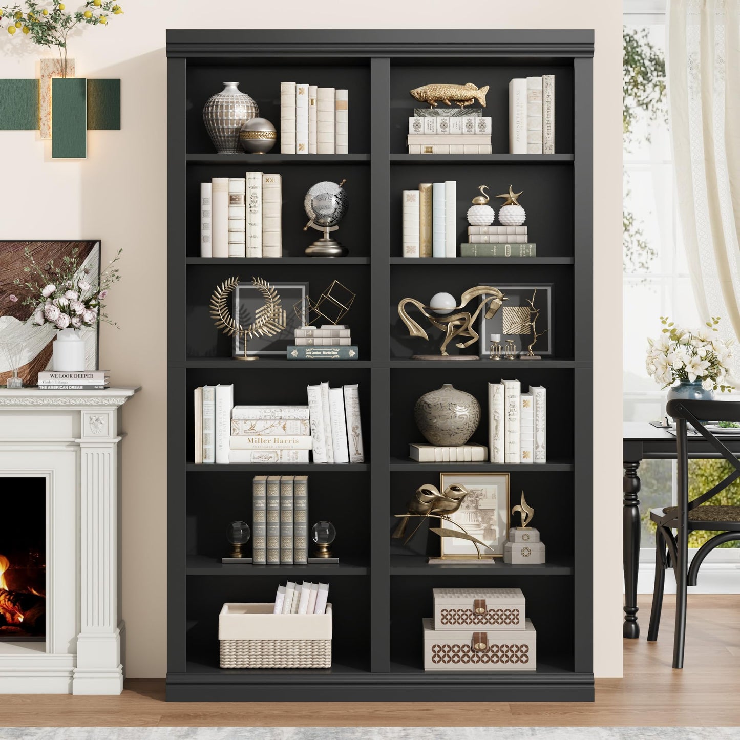 Garvee 74.5" Tall Bookshelf with Double Storage, 6-Tier Large Bookshelf, Double Wide Bookshelves w/ 12 Cubbies, Wide Freestanding Bookcases for Livingroom Office Library (Blcak, 74.5"H*46.1"W*12.4"D)