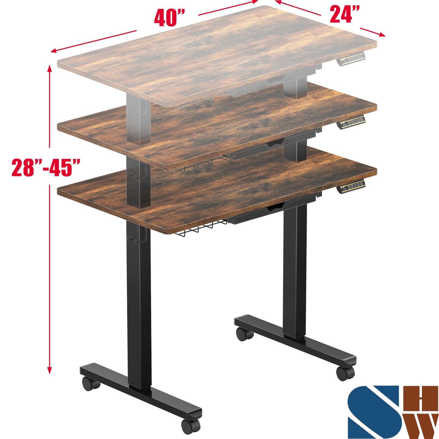 SHW 40-Inch Mobile Electric Height Adjustable Sit to Stand Desk with Drawer, Hanging Hooks and Cable Management, Rustic Brown