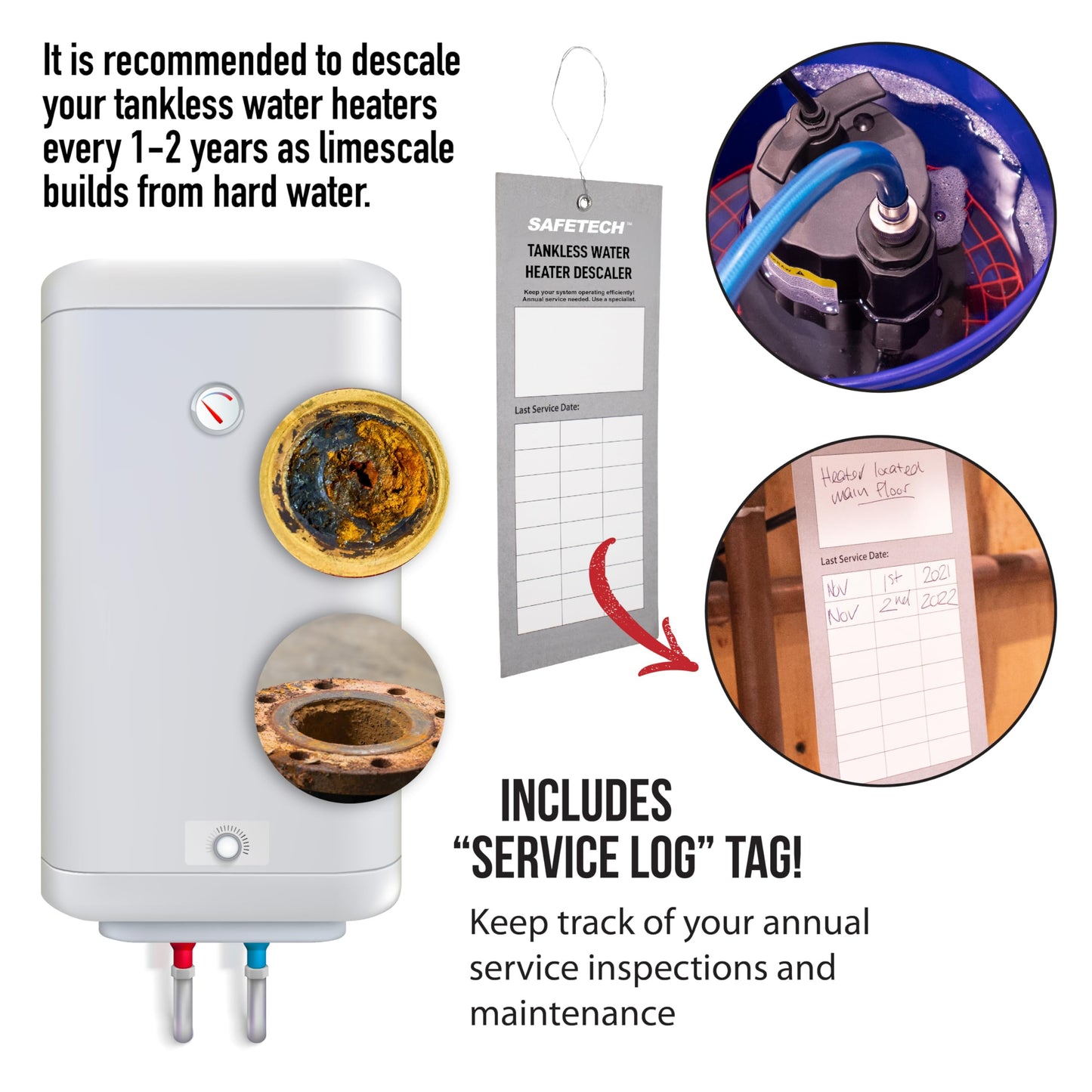 Safetech Tankless Water Heater Flushing Kit with 5-Gallon Screw-Top Lid, Premium Hoses, 1/6 HP Utility Pump, 4 Quarts Descaler, and Pump Grate