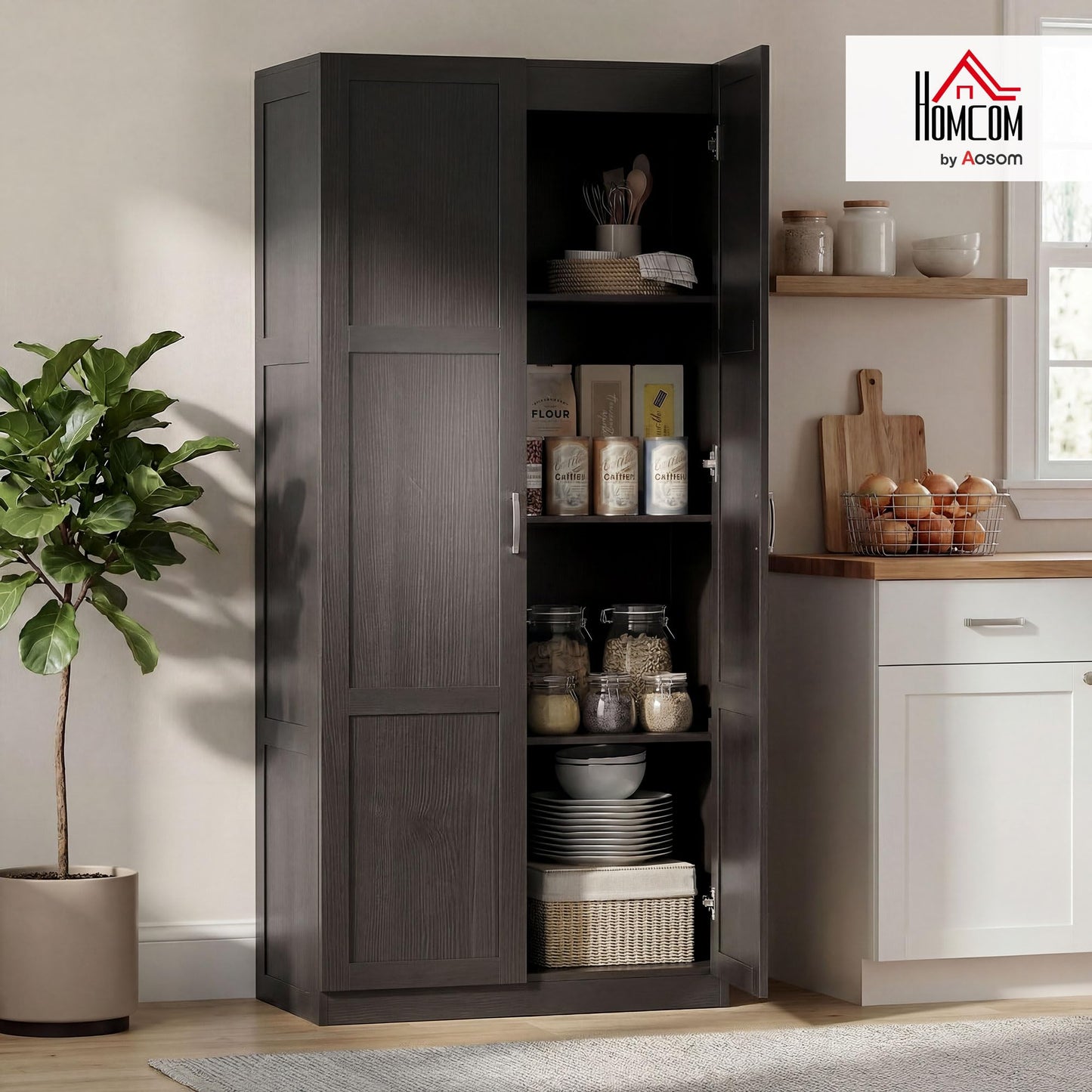 HOMCOM 71" Tall Kitchen Pantry Cabinet, Large Multipurpose Storage Cabinet with 4 Adjustable Shelves, Modern Farmhouse Freestanding Food Pantry with Framed Doors & Soft-Close Hinges, Espresso