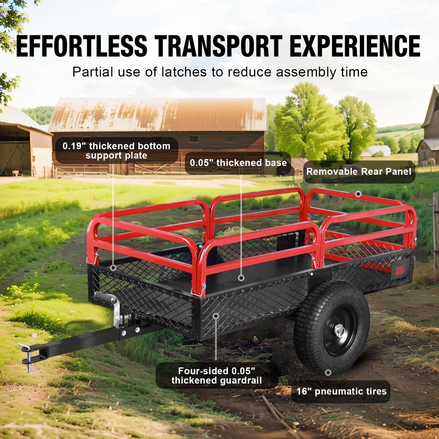 Big RED Heavy Duty ATV Dump Trailer, 1500lb Capacity 15 cu.ft Utility Cart with Red Steel Railings,16" Tires for Tractor, UTV