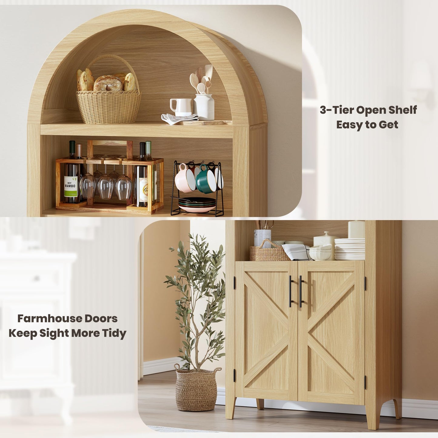 IDEALHOUSE Arched Kitchen Pantry Cabinet with Doors, 5-Tier Wooden Display Cabinet with Adjustable Shelf, Farmhouse Storage Organizer for Kitchen, Dining Room, Living Room, Home Office, Natural