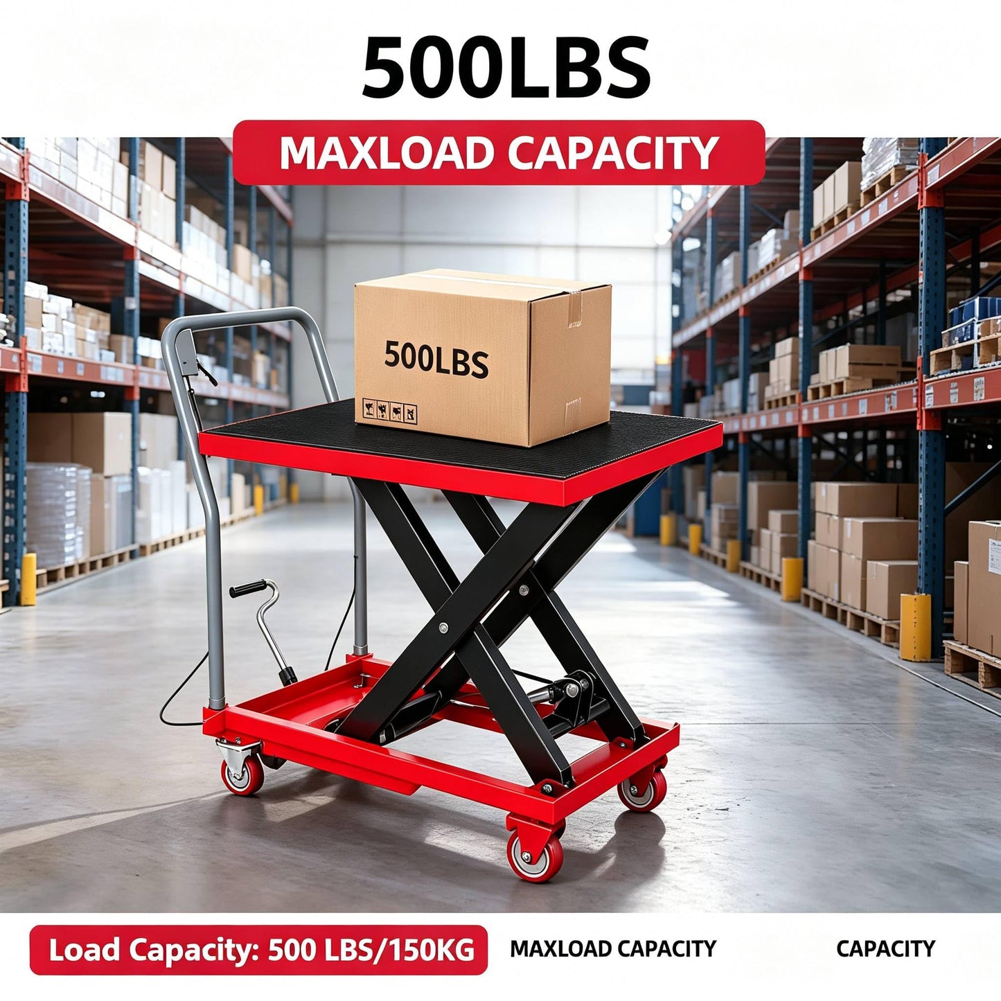 Hydraulic Scissor Lift Table Cart,Manual Single Scissor Lift Table,1100 Lb Capacity, 35.4" Lifting Height, Manual Single Scissor Lift with 4 Heavy-Duty Wheels & Non-Slip Pad, Mobile Material Handling